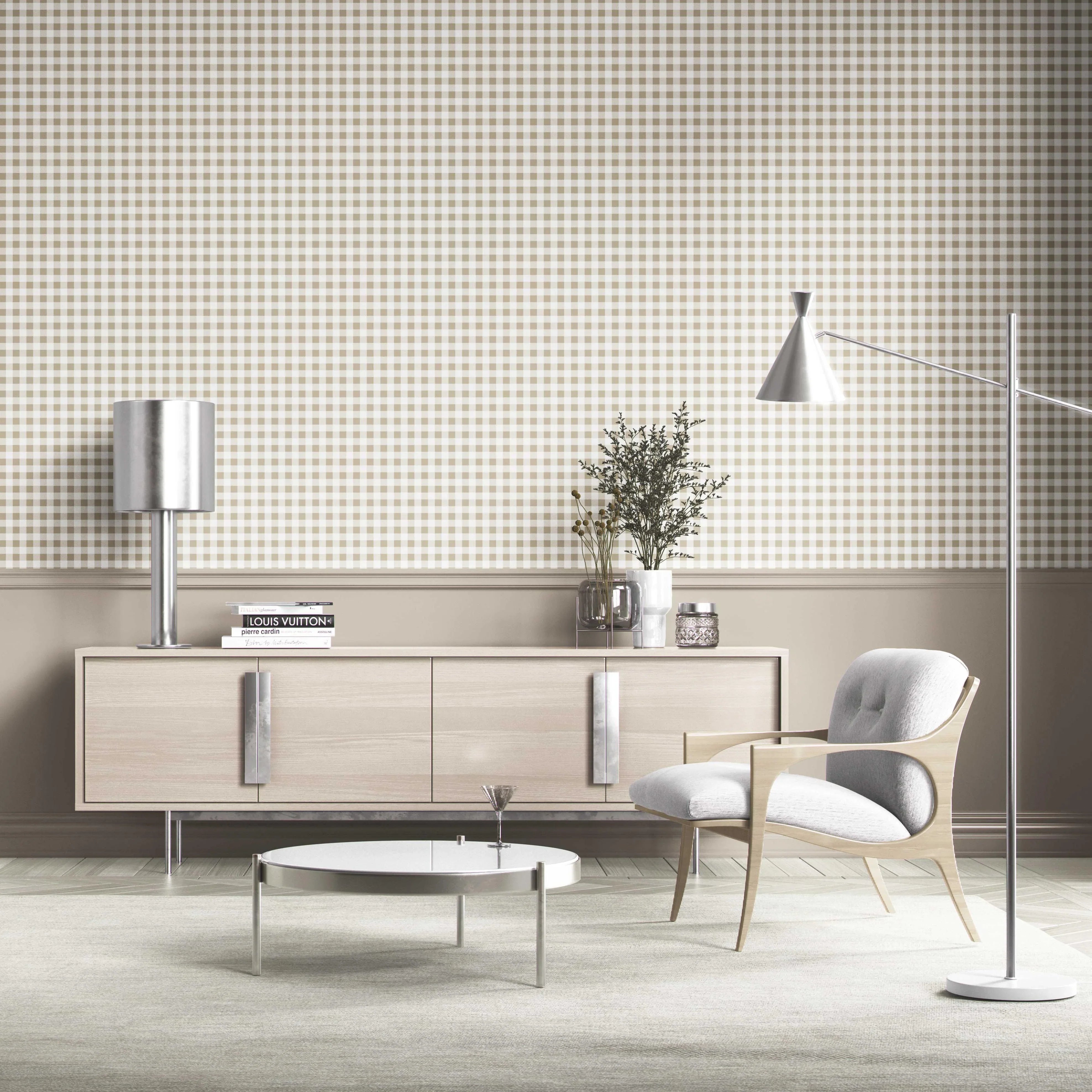 Neutral Gingham Checkered Kitchen Wallpaper (Beige)