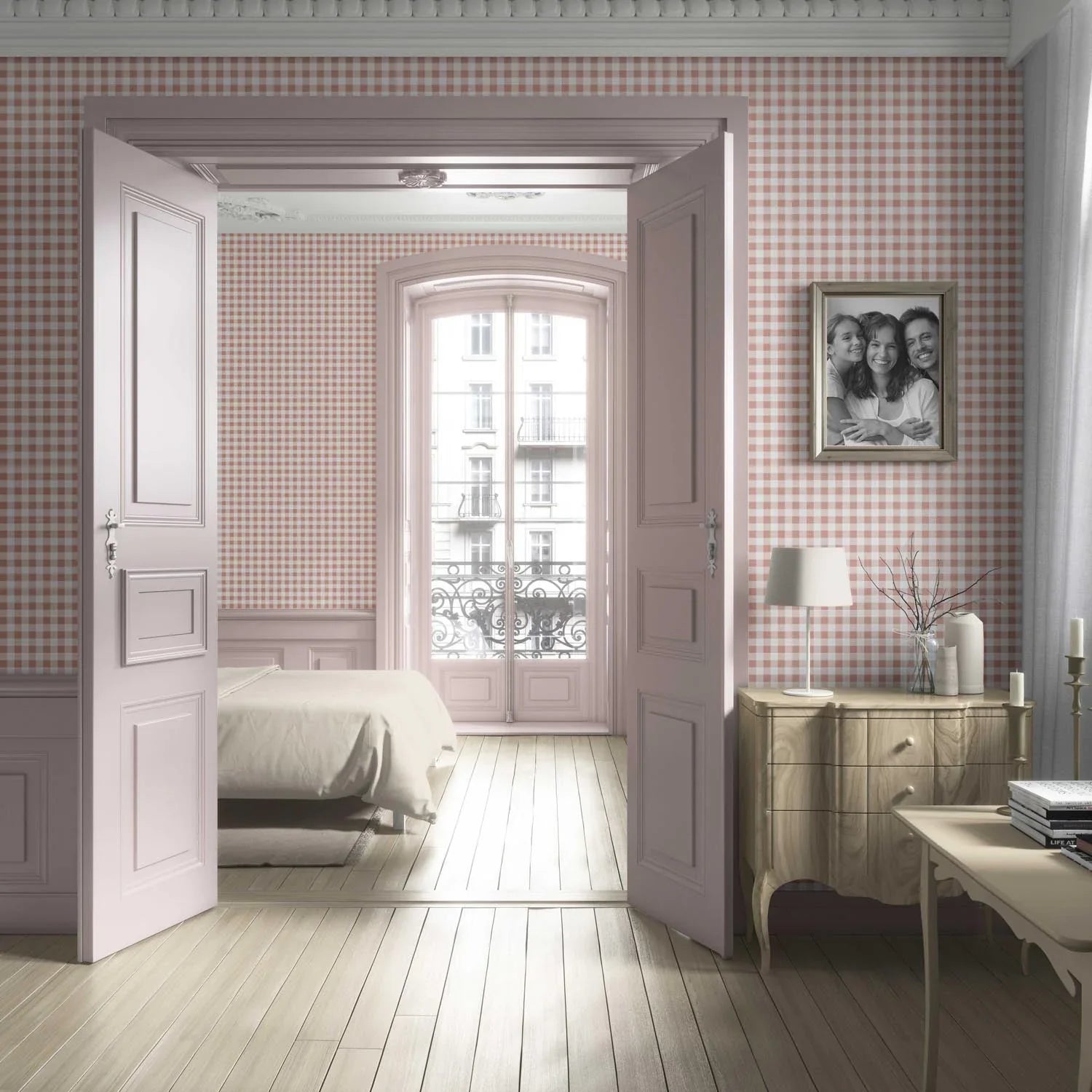 Gingham Checkered Living Room Wallpaper Sample (Blush Pink)