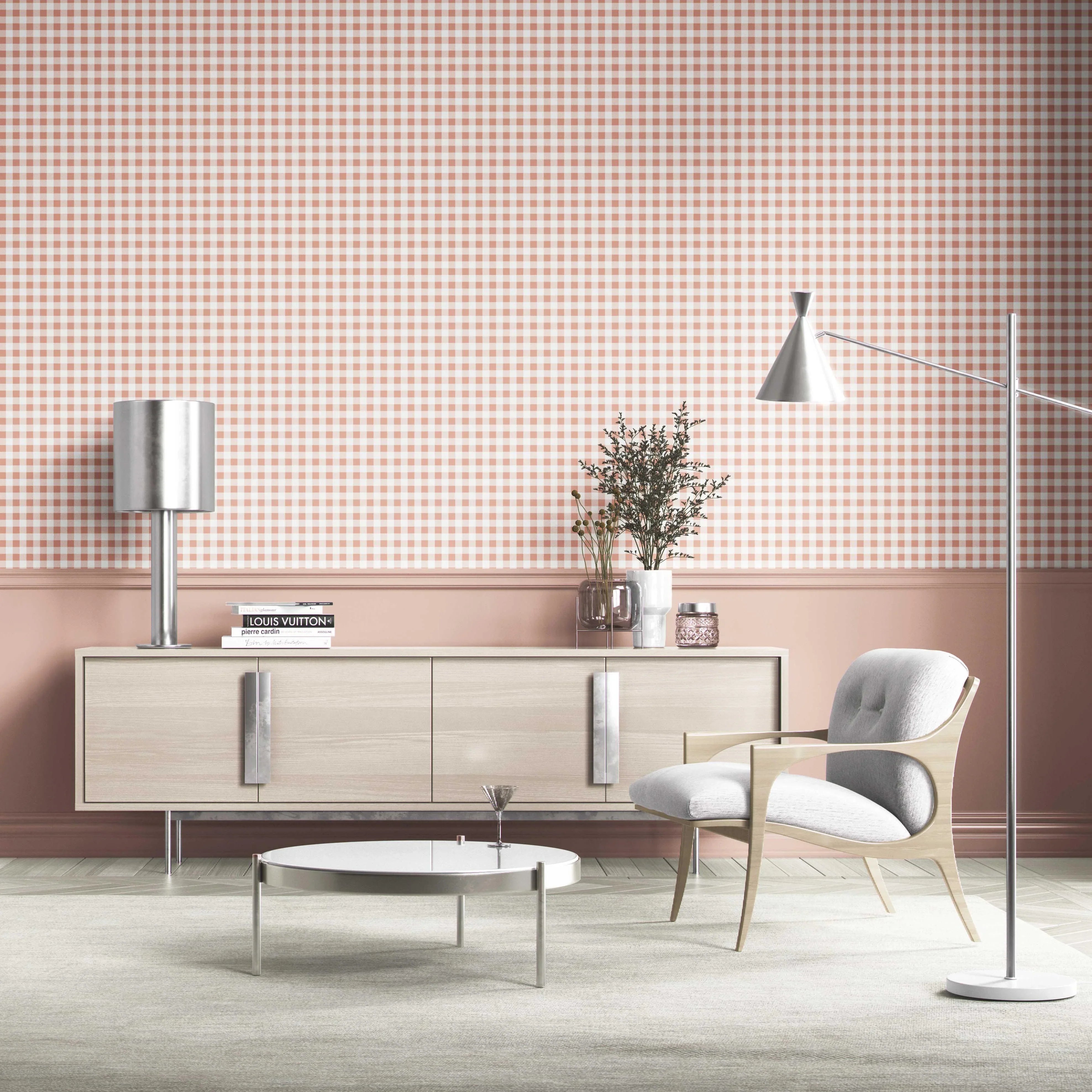 Gingham Checkered Shower Toilet Wallpaper Sample (Blush Pink)
