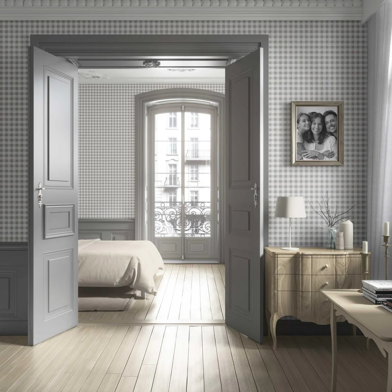 Neutral Gingham Checkered Living Room Wallpaper Sample (Grey)