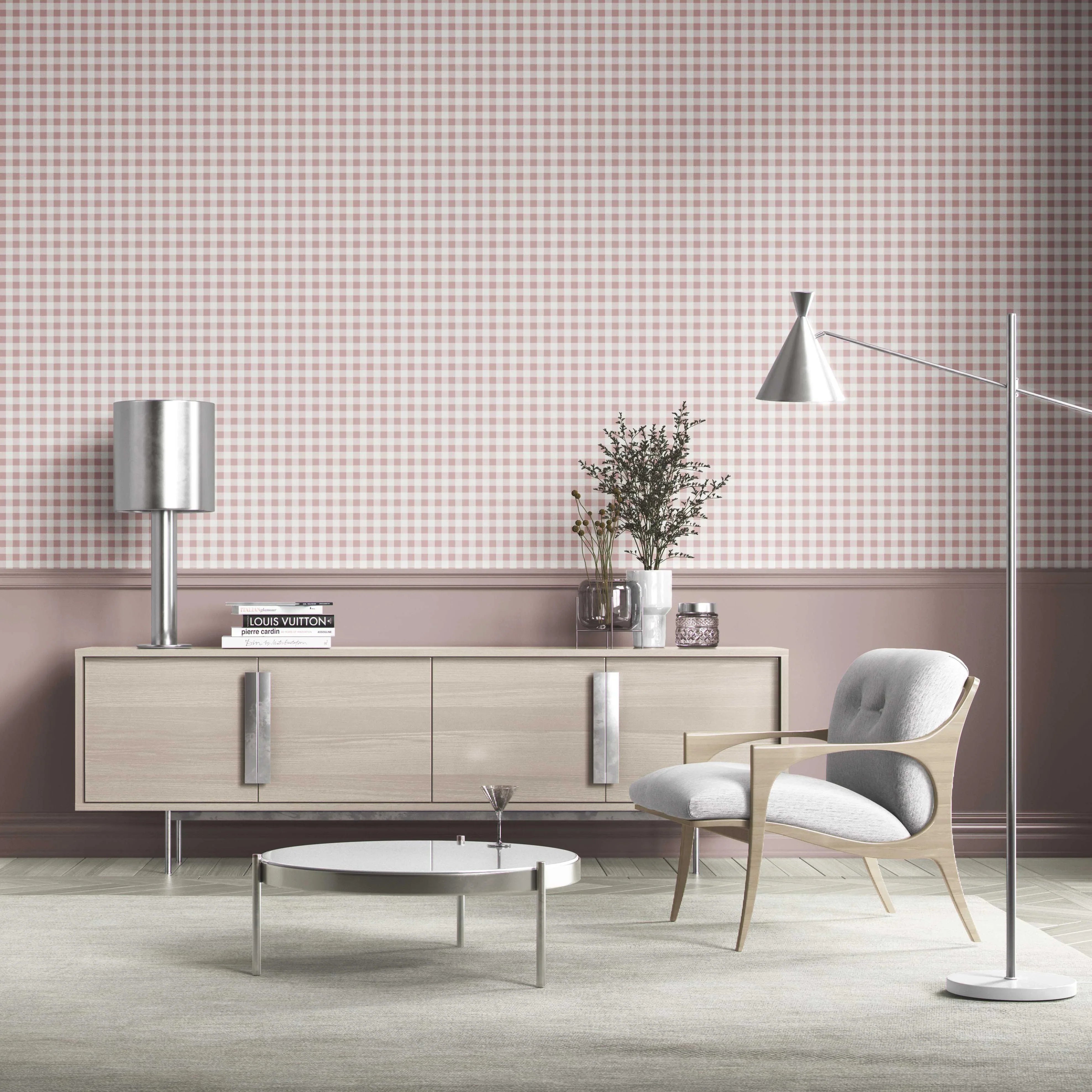 Gingham Checkered Kitchen Wallpaper Sample (Pink)