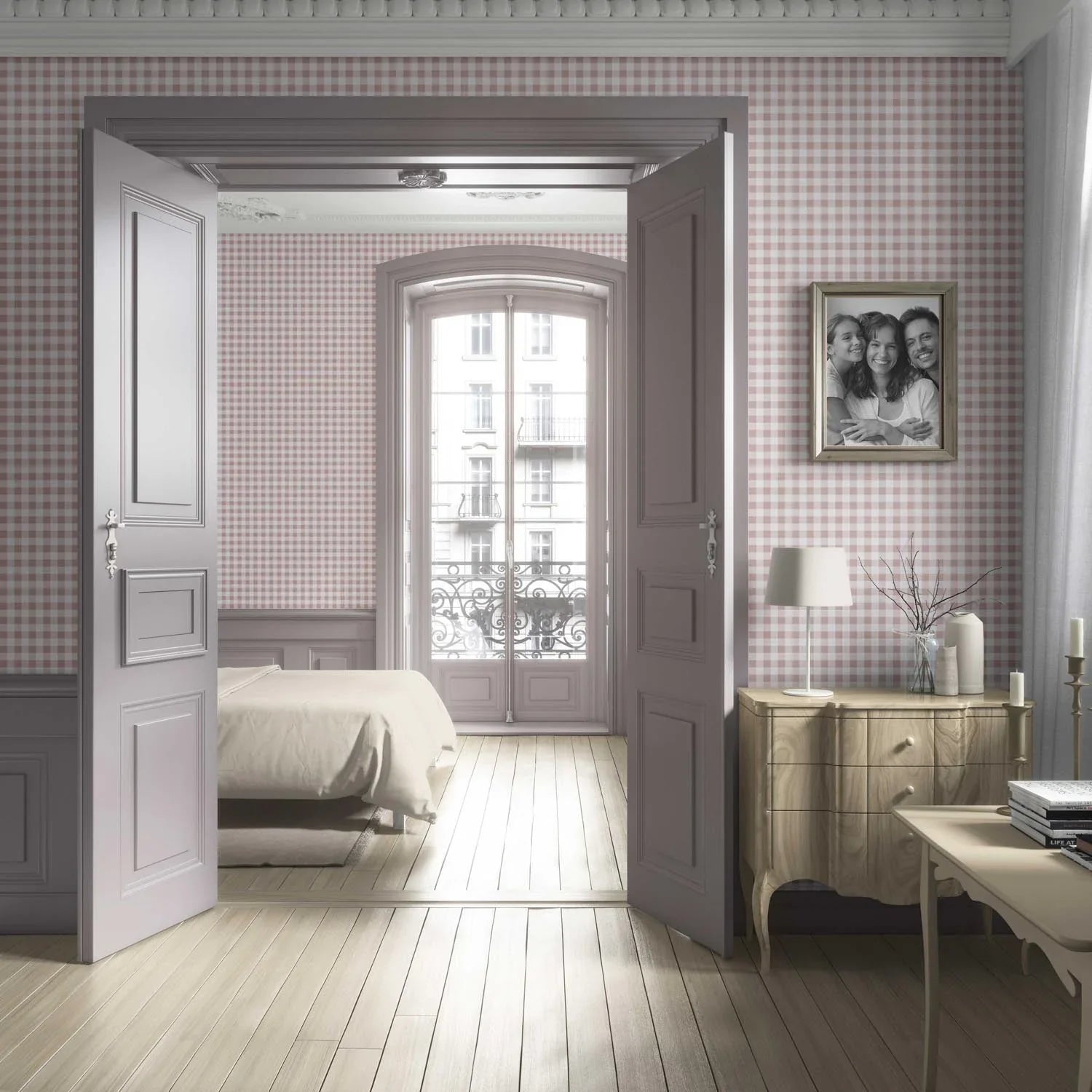 Gingham Checkered Living Room Wallpaper Sample (Pink)