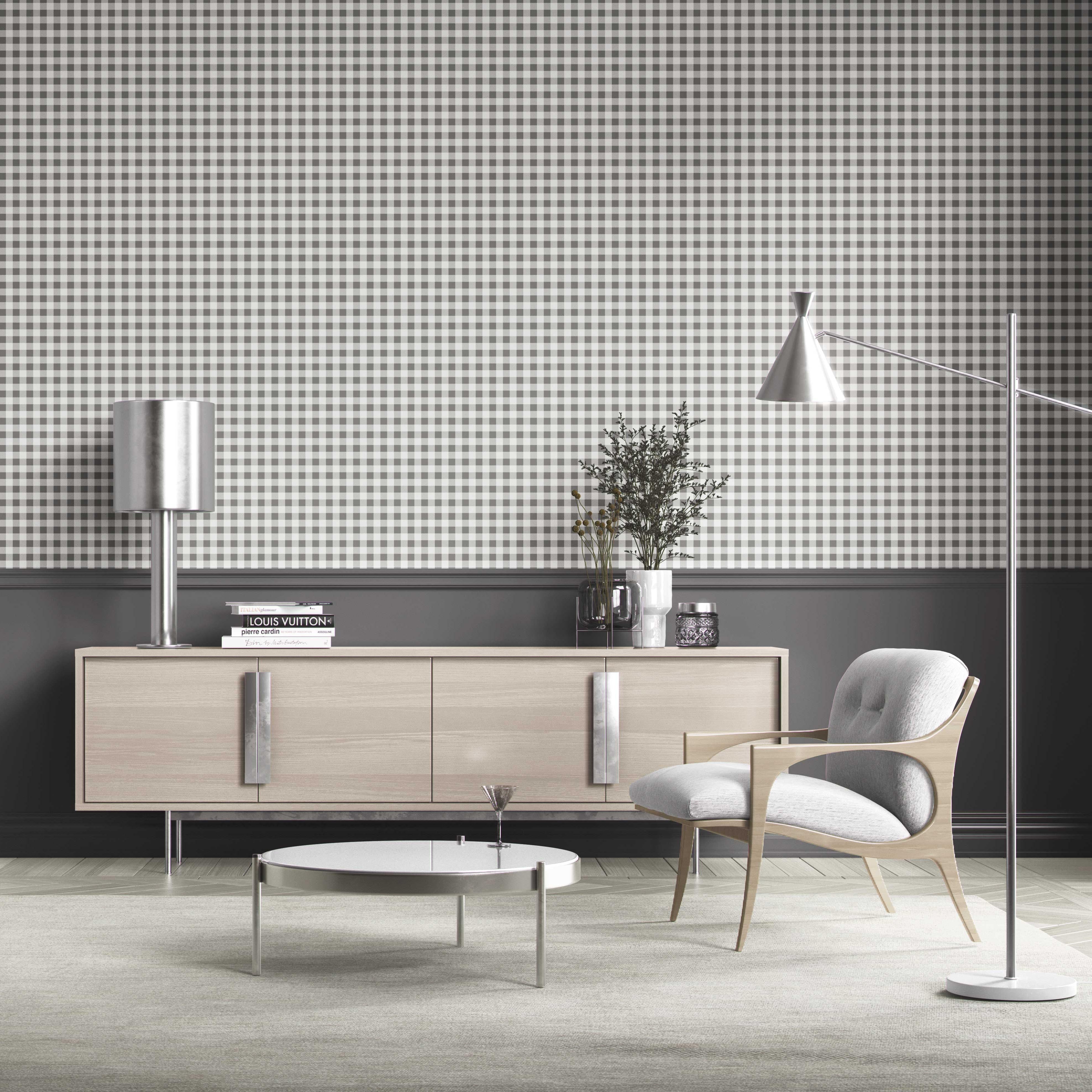 Neutral Gingham Checkered Kitchen Wallpaper Sample (Grey)
