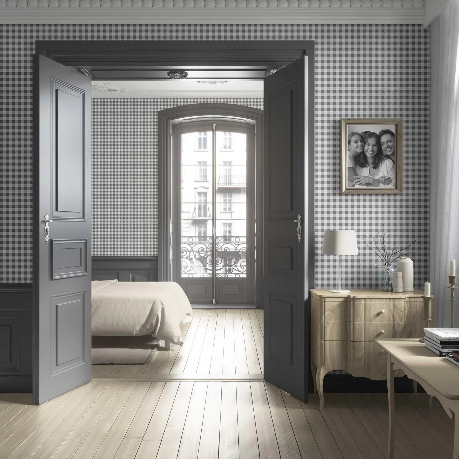 Neutral Gingham Checkered Living Room Wallpaper Sample (Grey)