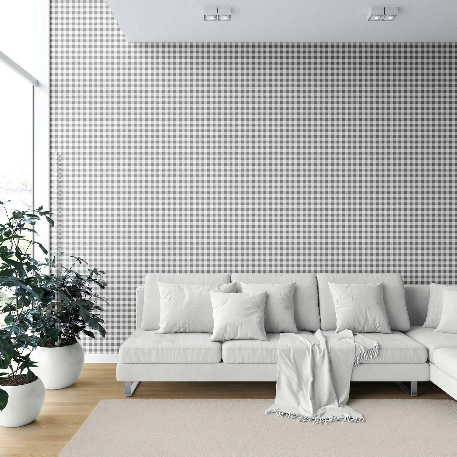 Neutral Gingham Checkered Shower Toilet Wallpaper Sample (Grey)