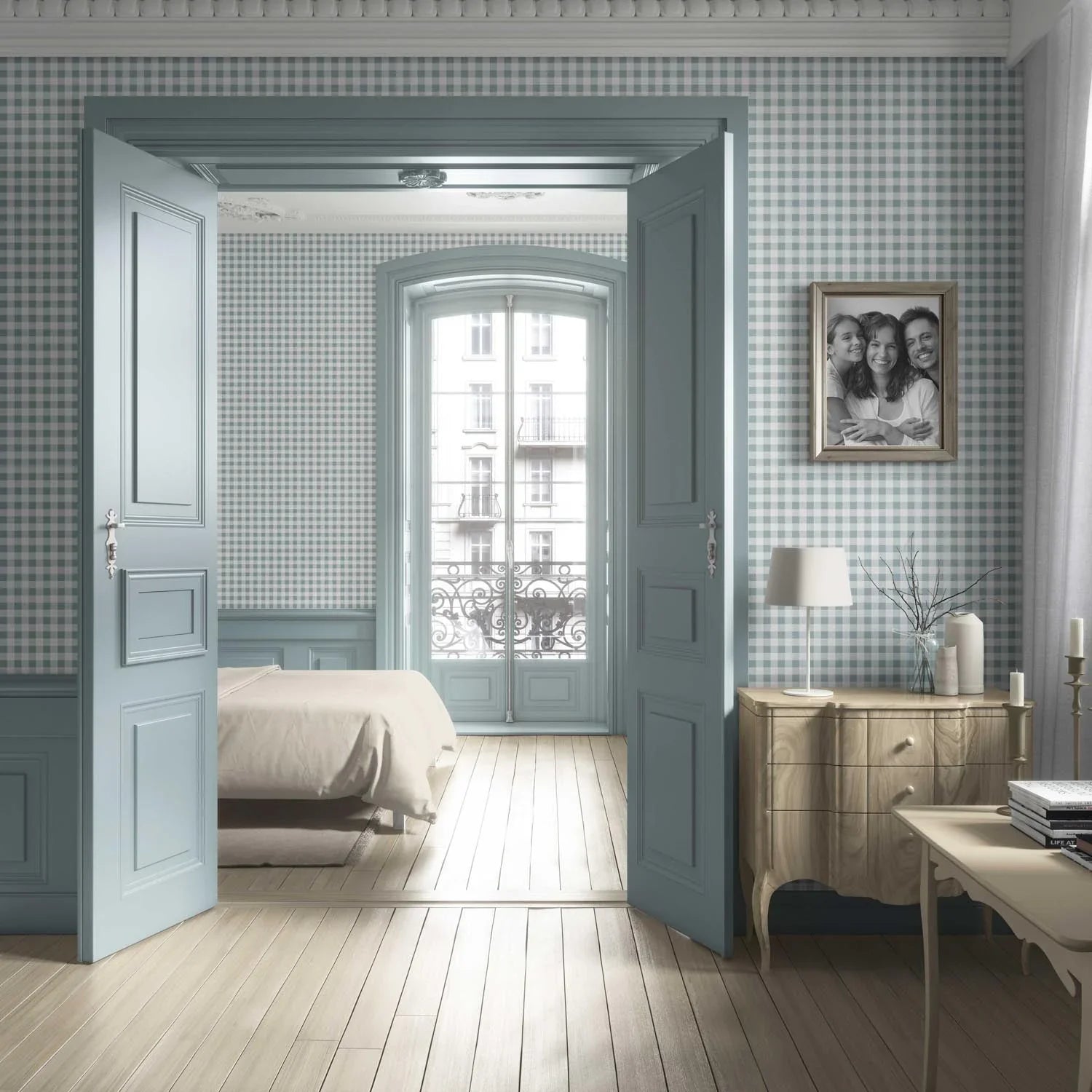 Gingham Checkered Living Room Wallpaper Sample (Pastel Blue)