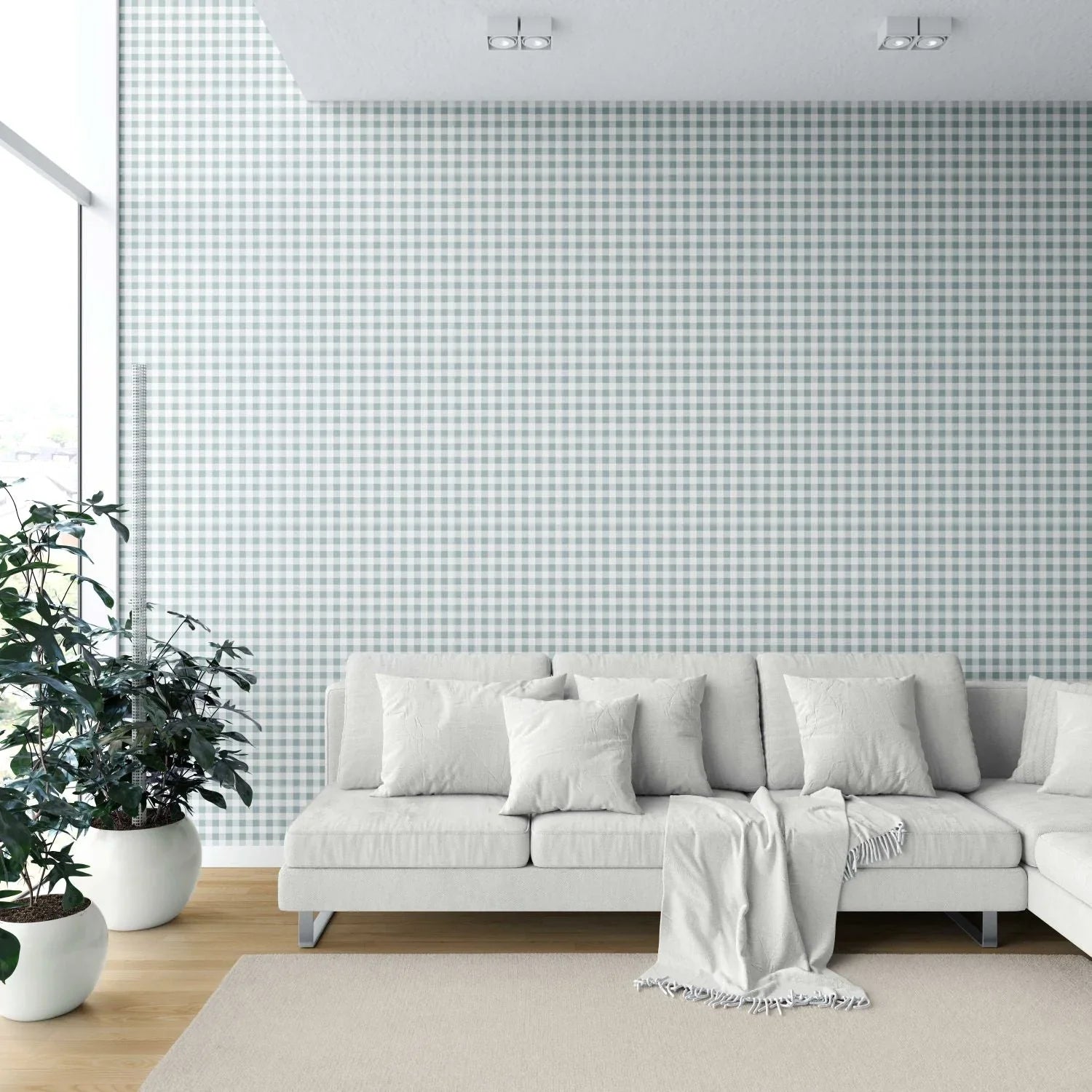 Gingham Checkered Shower Toilet Wallpaper Sample (Pastel Blue)