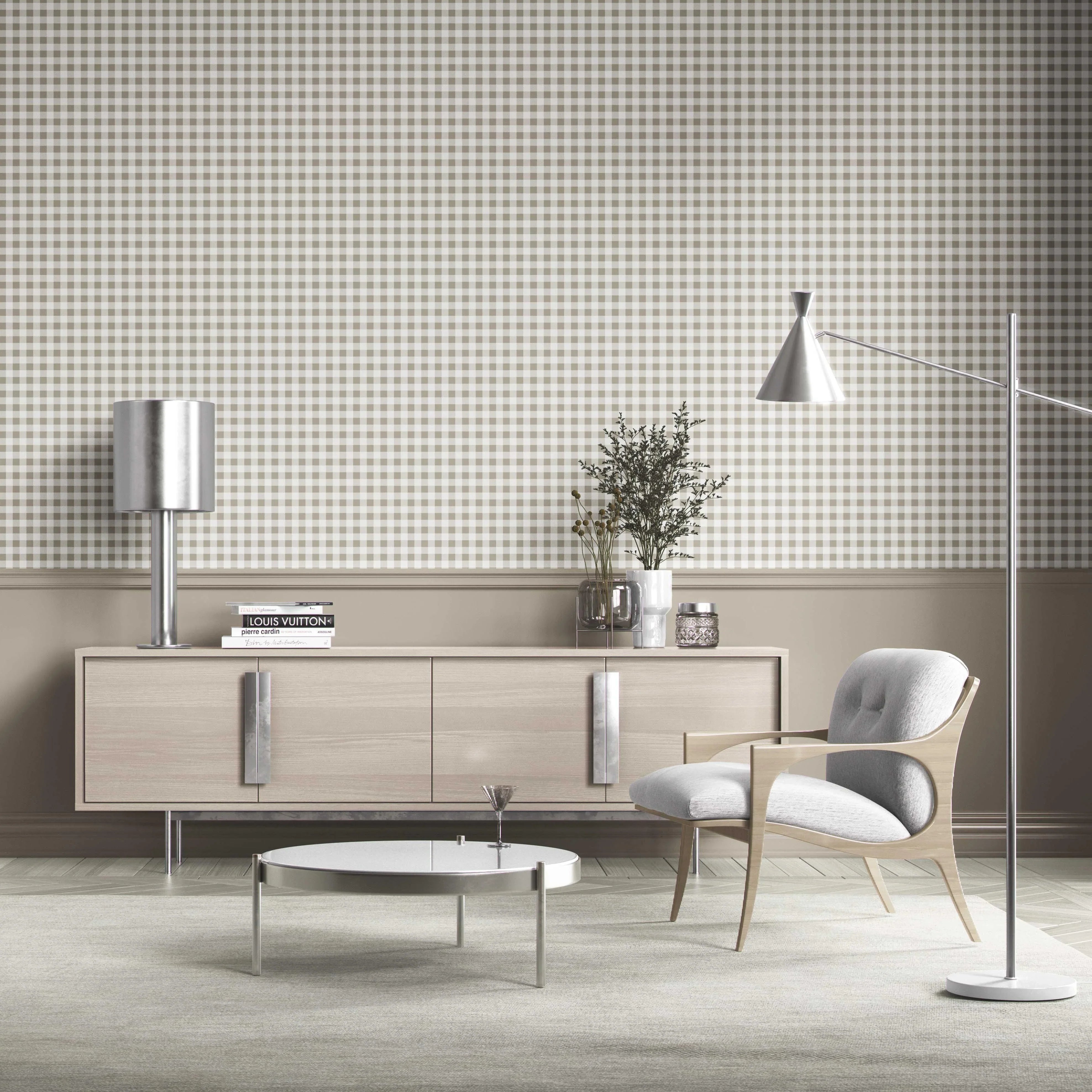 Neutral Gingham Checkered Kitchen Wallpaper (Taupe Grey/ Greige)