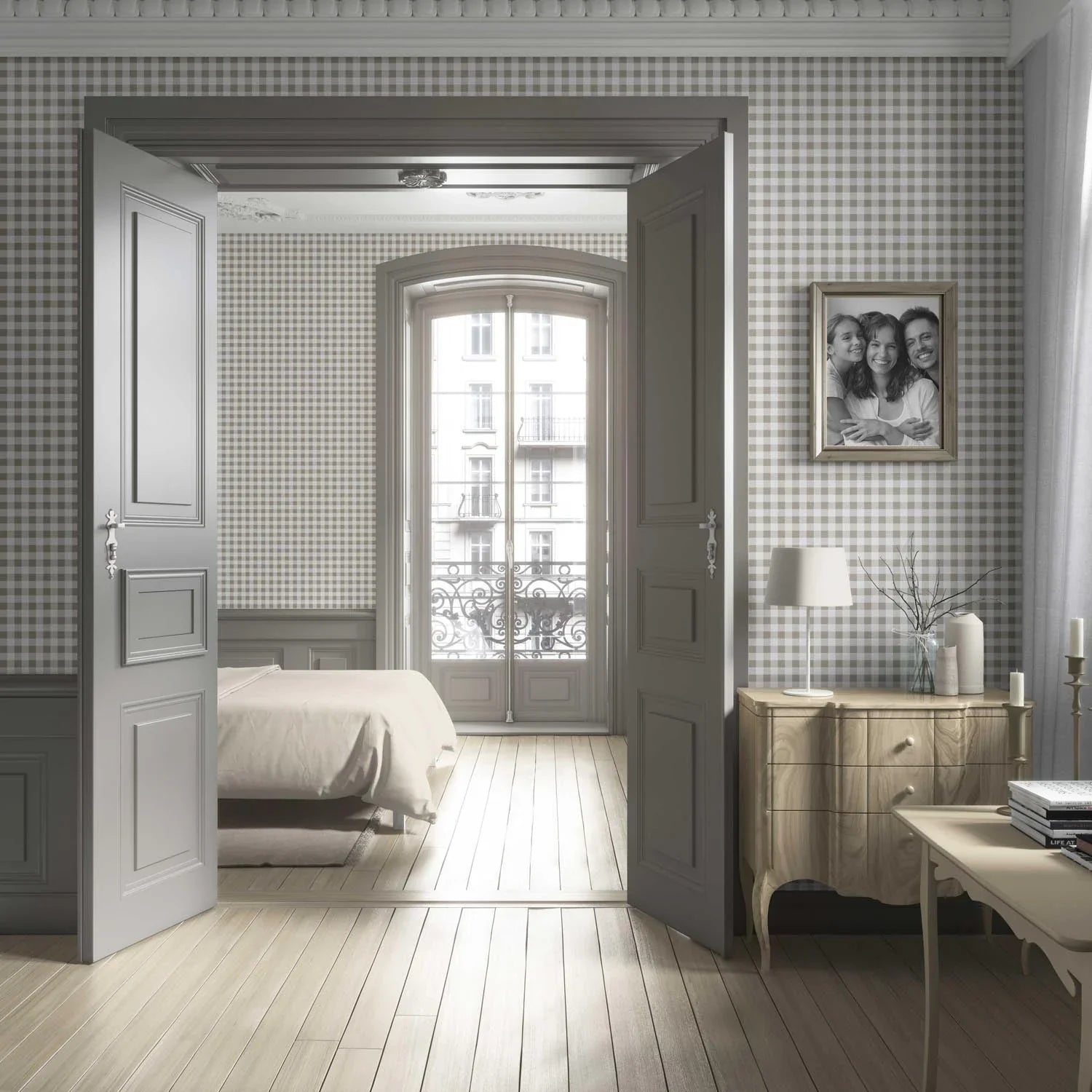 Neutral Gingham Checkered Living Room Wallpaper Sample (Taupe Grey/ Greige)