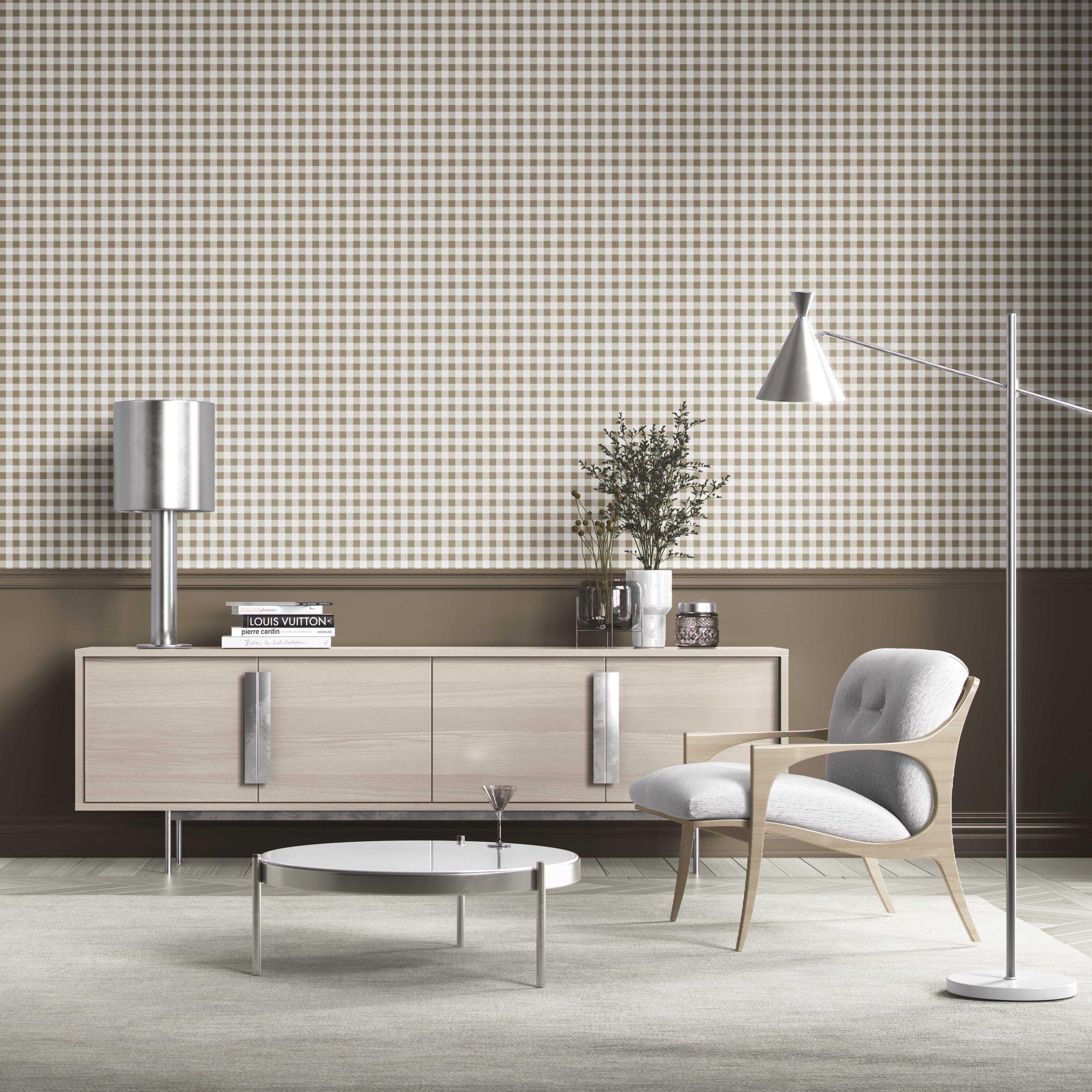 Neutral Gingham Checkered Kitchen Wallpaper Sample (Brown)