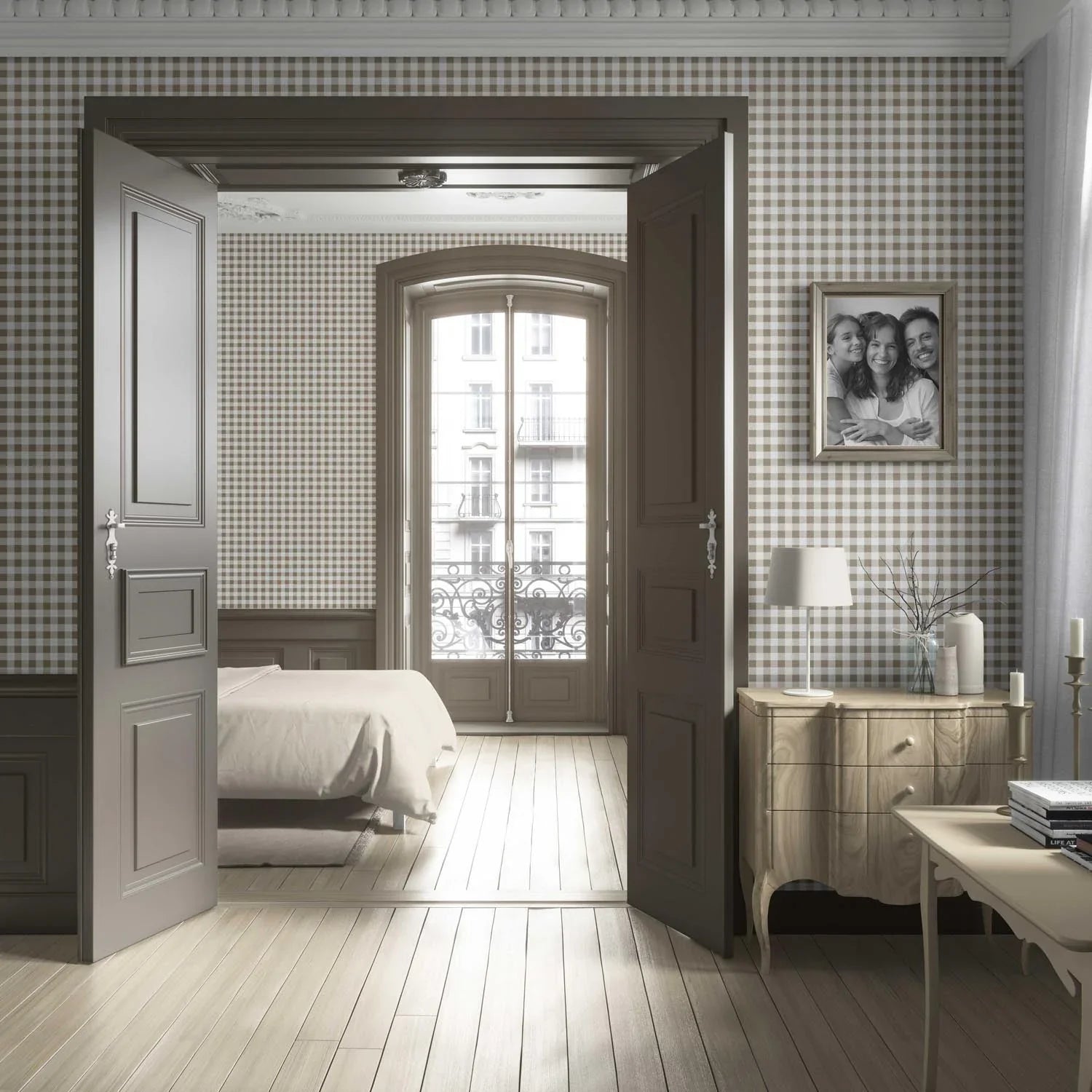 Neutral Gingham Checkered Living Room Wallpaper Sample (Brown)
