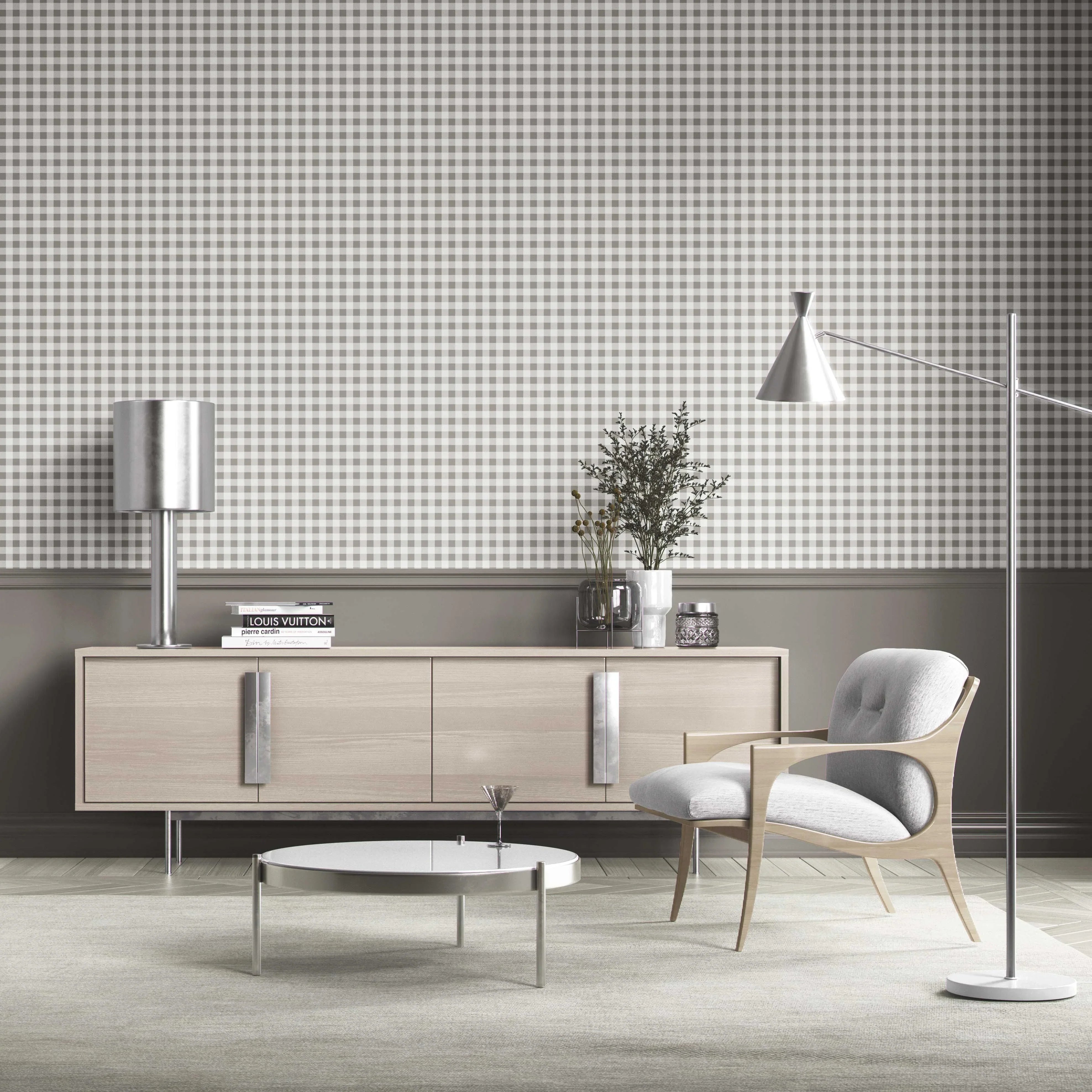 Neutral Gingham Checkered Kitchen Wallpaper Sample (Grey)
