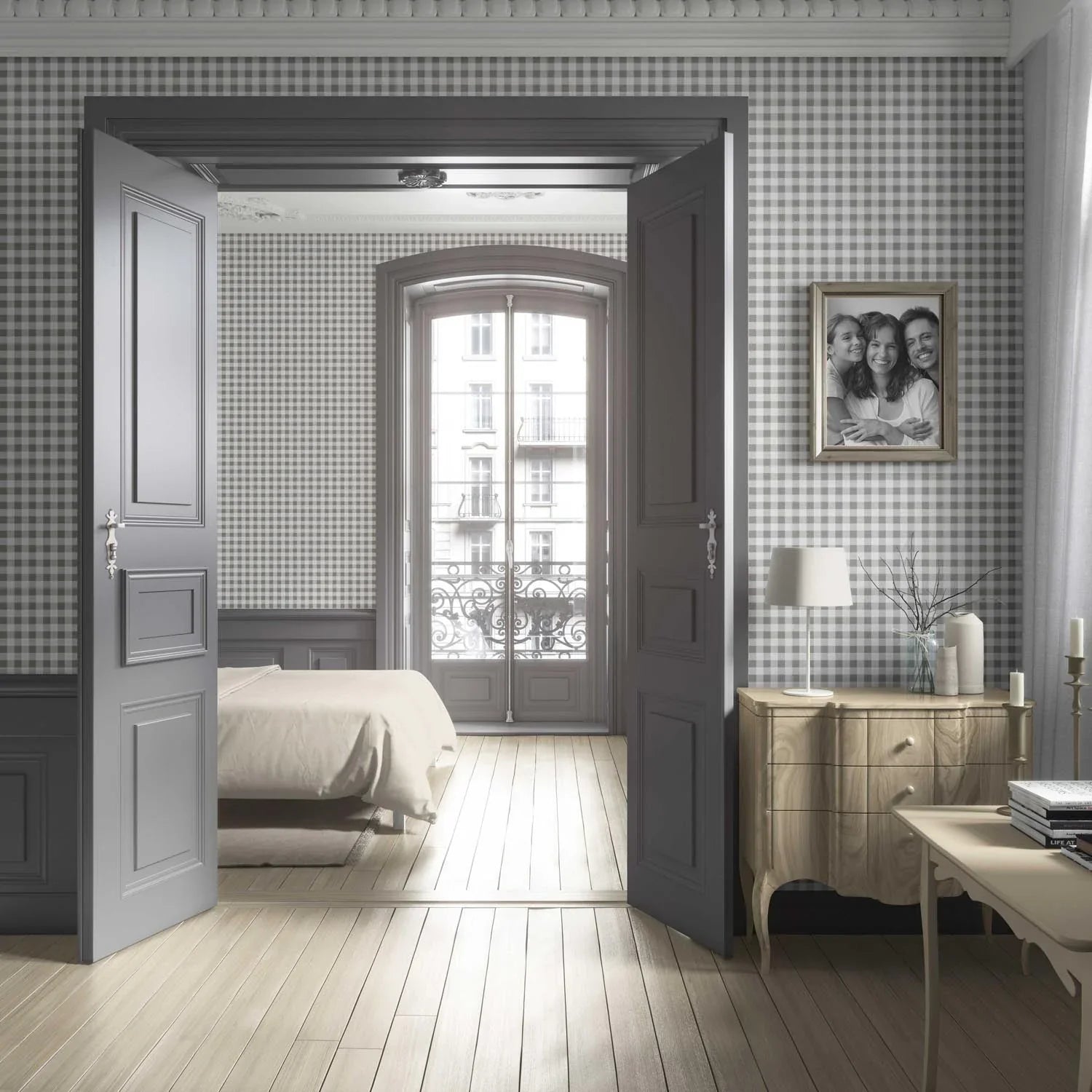 Neutral Gingham Checkered Living Room Wallpaper Sample (Grey)