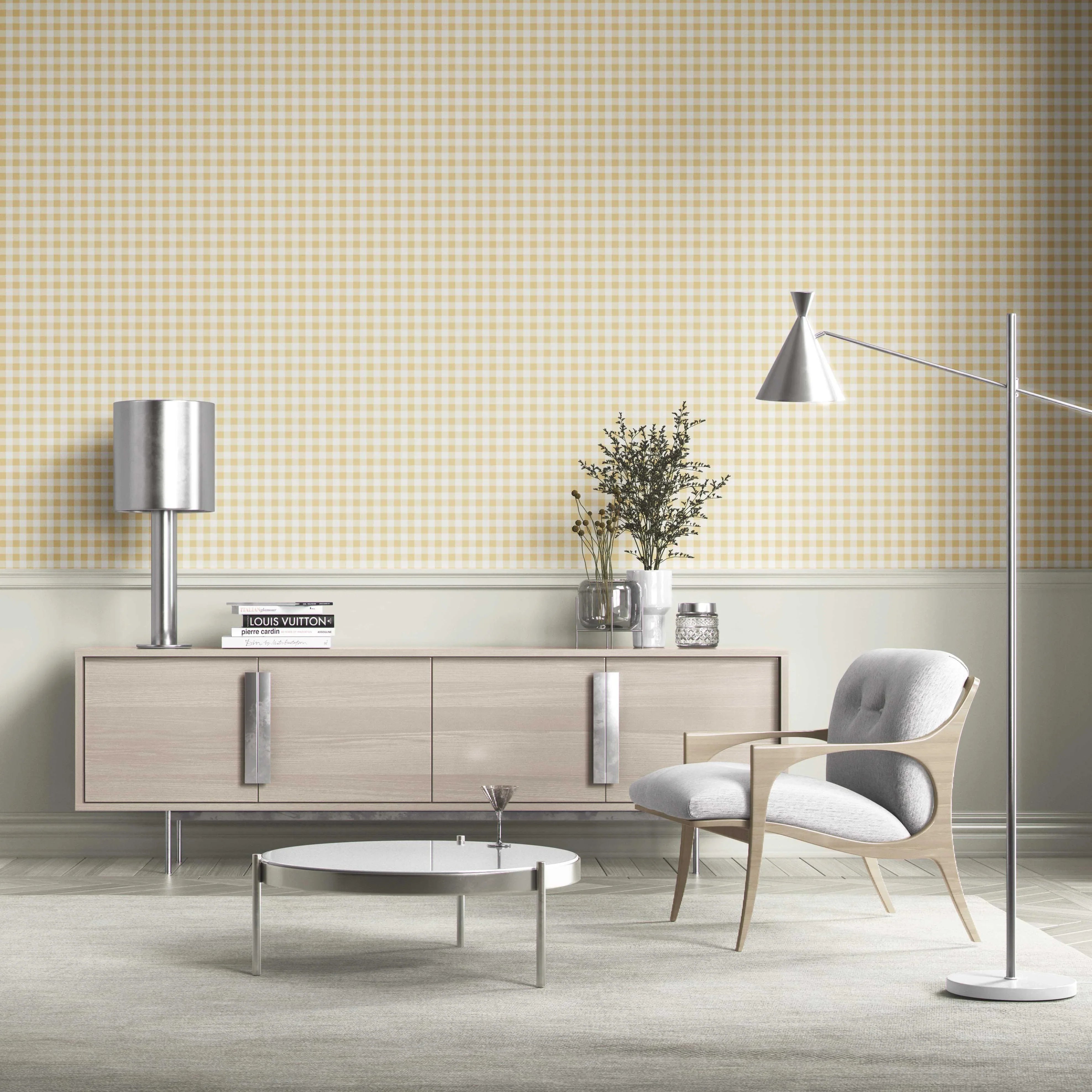 Gingham Checkered Living Room Wallpaper Sample (Yellow)