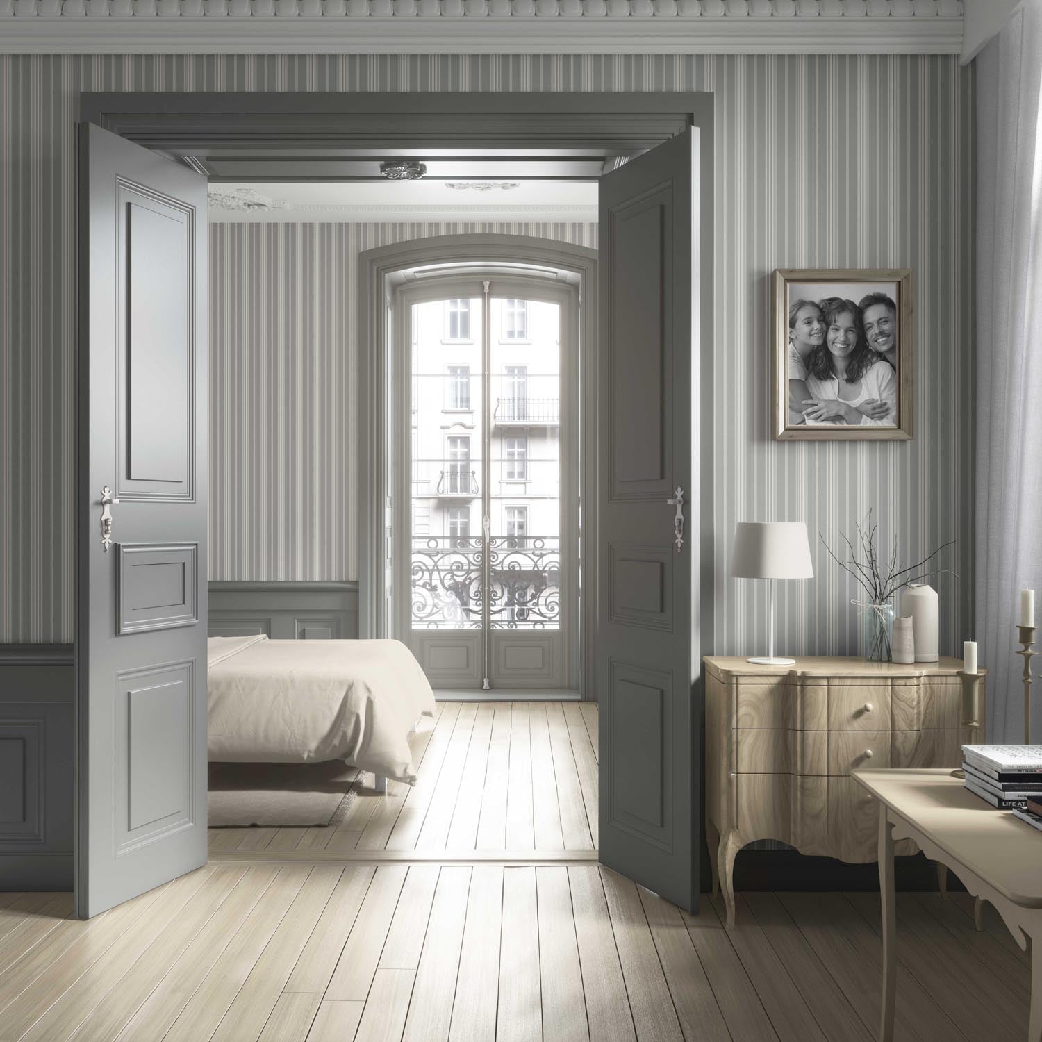 Neutral Geometric Striped Bathroom Wallpaper Sample (Grey)