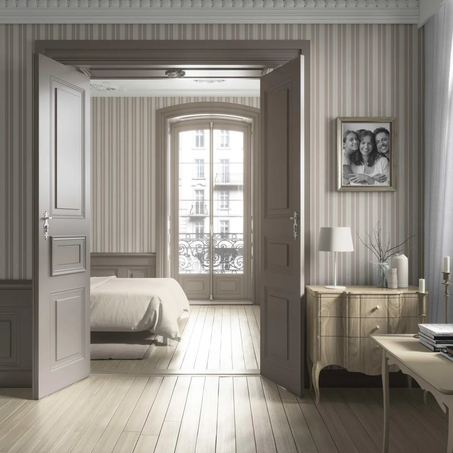 Neutral Geometric Striped Bathroom Wallpaper Sample (Brown/ Beige/ Warm Grey)