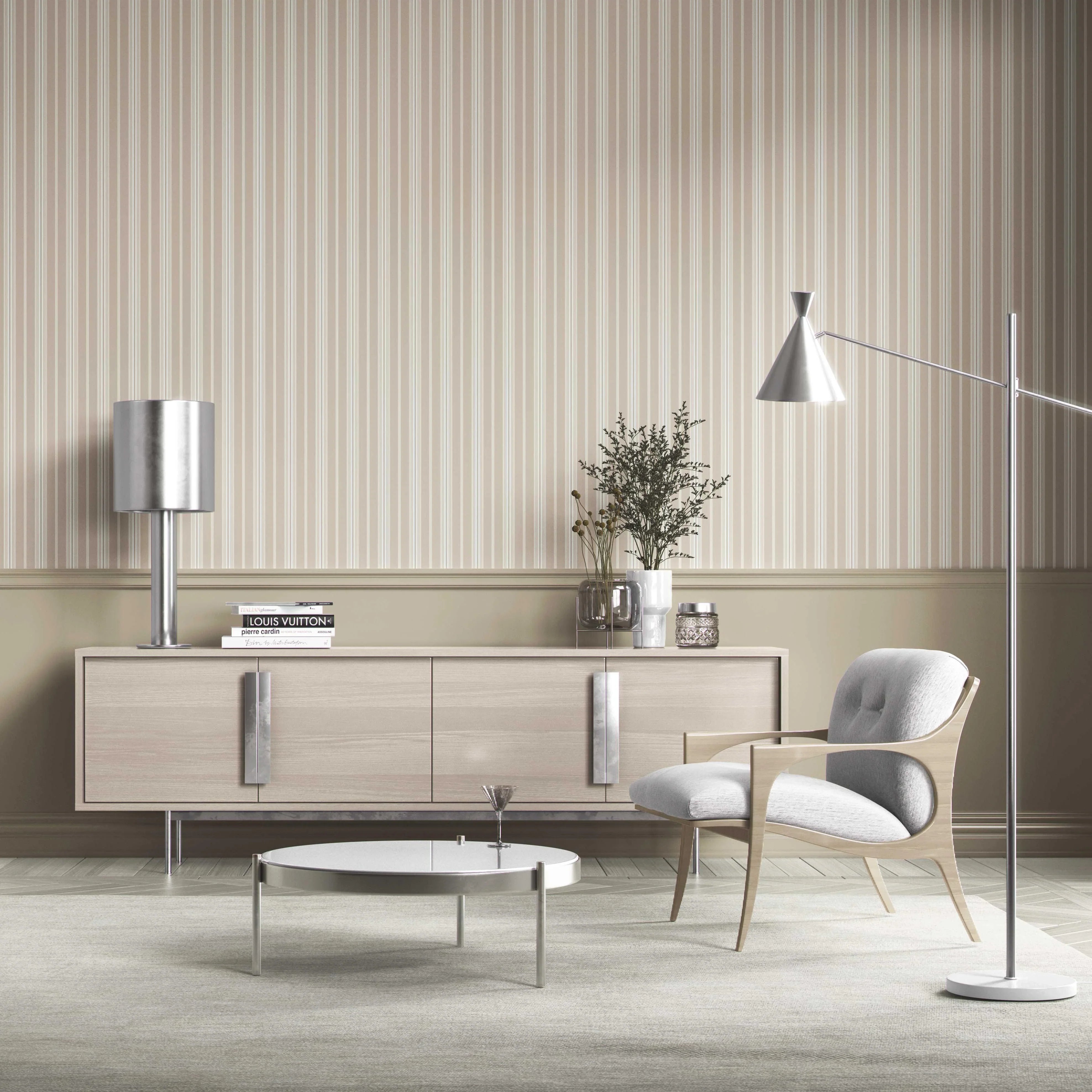 Neutral Geometric Striped Kitchen Wallpaper Sample (Beige/ Brown/ Warm Grey)
