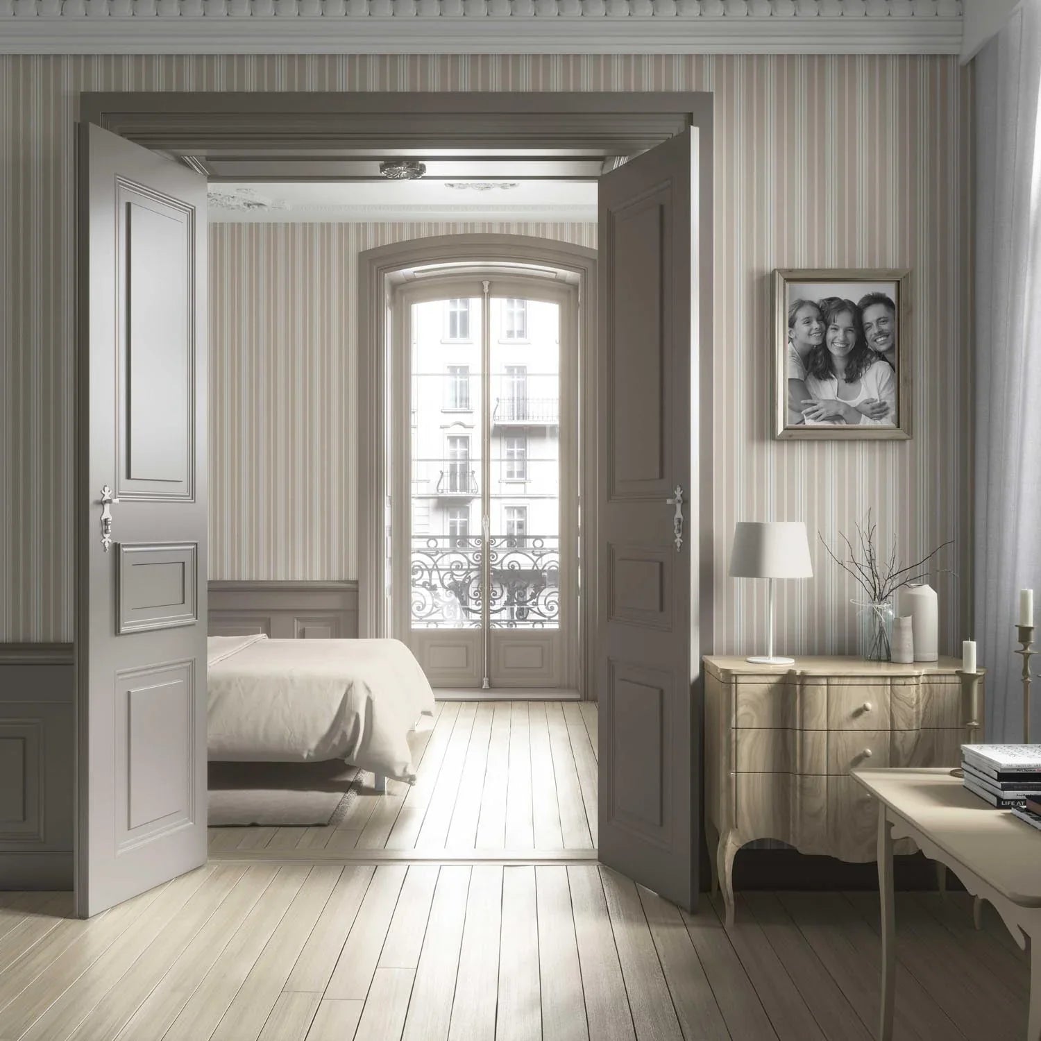 Neutral Geometric Striped Bathroom Wallpaper Sample (Beige/ Brown/ Warm Grey)