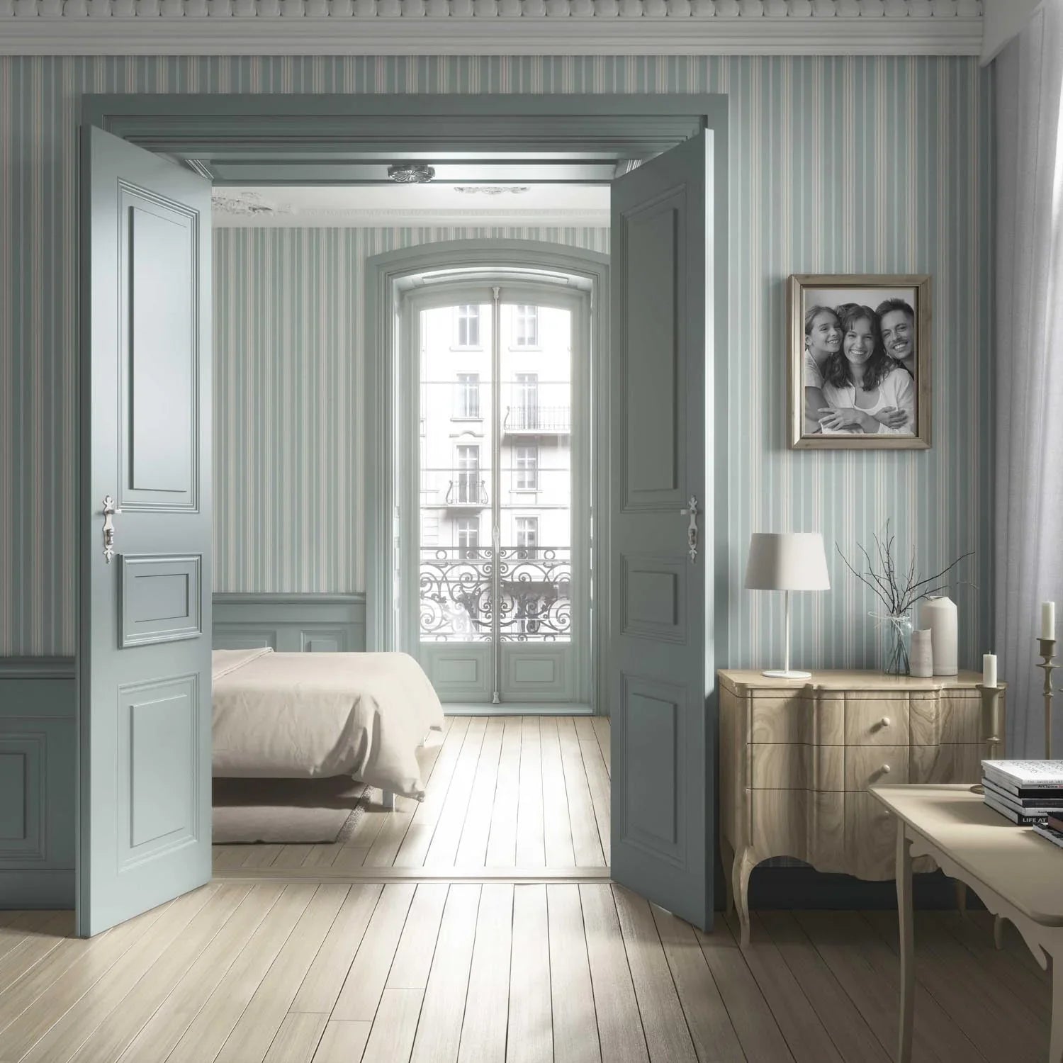 Neutral Geometric Striped Bathroom Wallpaper (Duck Egg Blue)