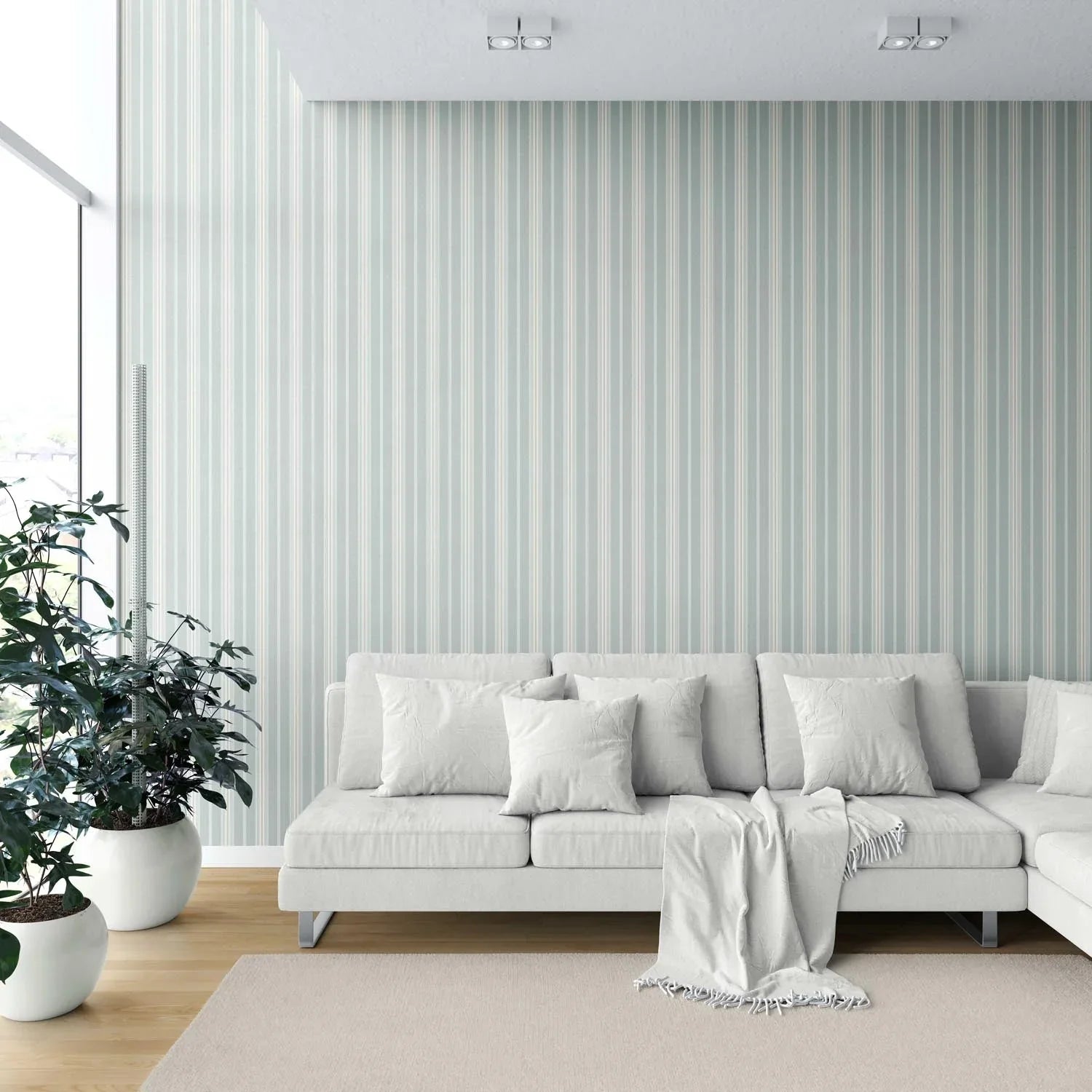 Neutral Geometric Striped Shower Toilet Wallpaper (Duck Egg Blue)