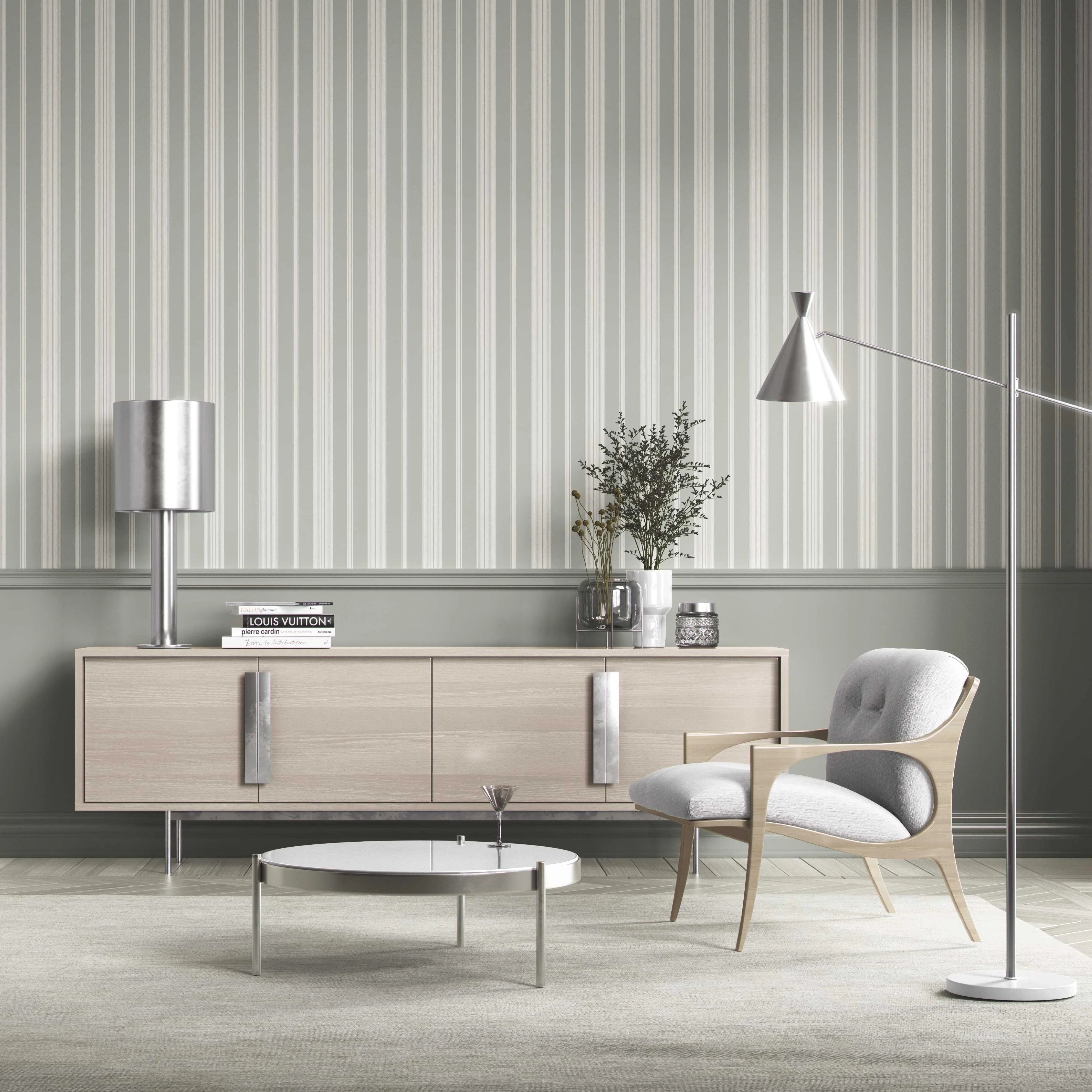 Neutral Geometric Striped Kitchen Wallpaper (Sage Grey)
