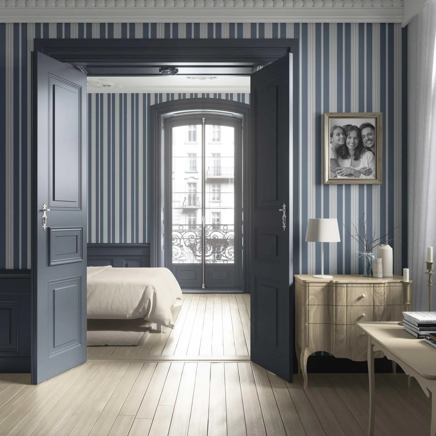 Geometric Striped Kitchen Wallpaper Sample (Slate Grey/ Blue)