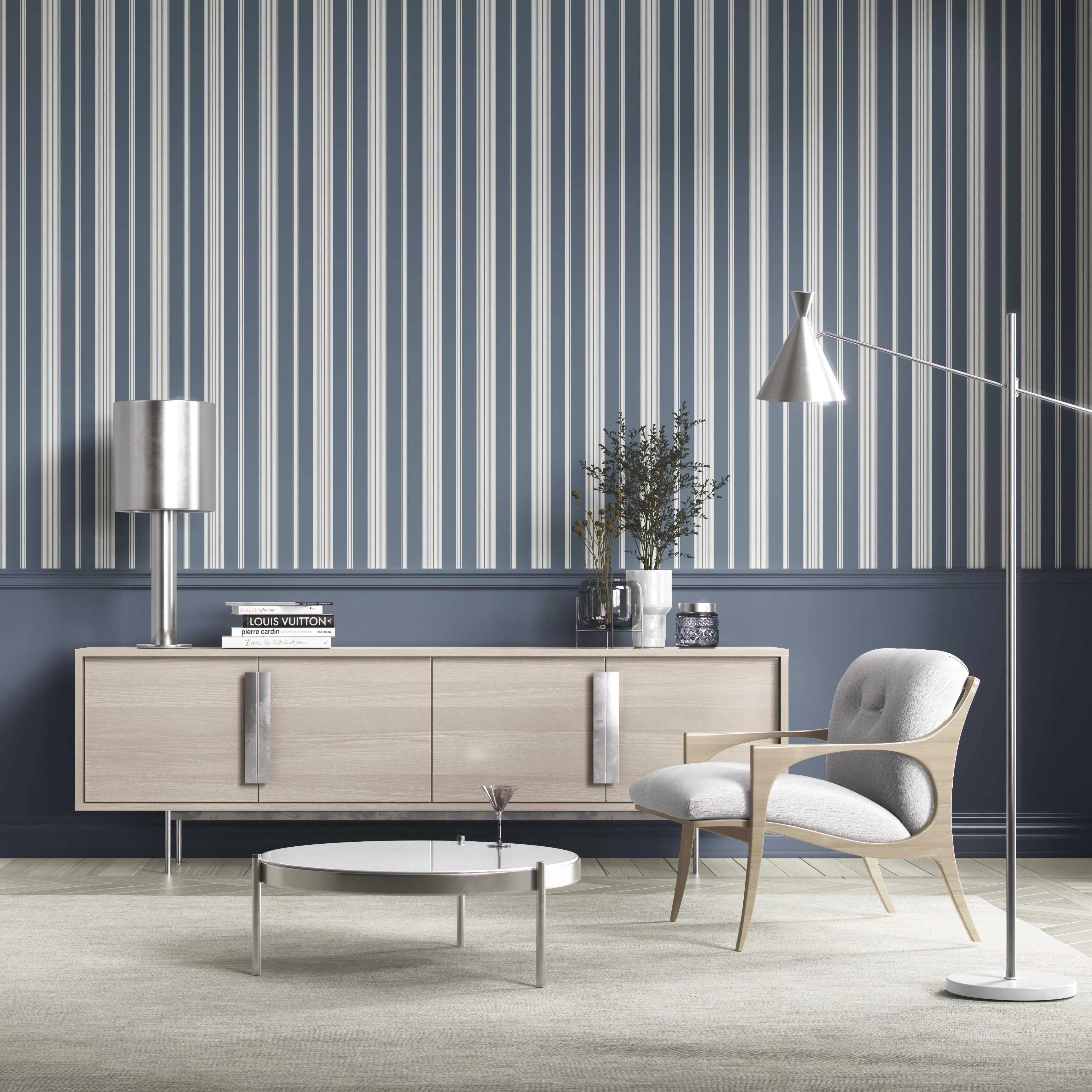 Geometric Striped Bathroom Wallpaper (Slate Grey/ Blue)
