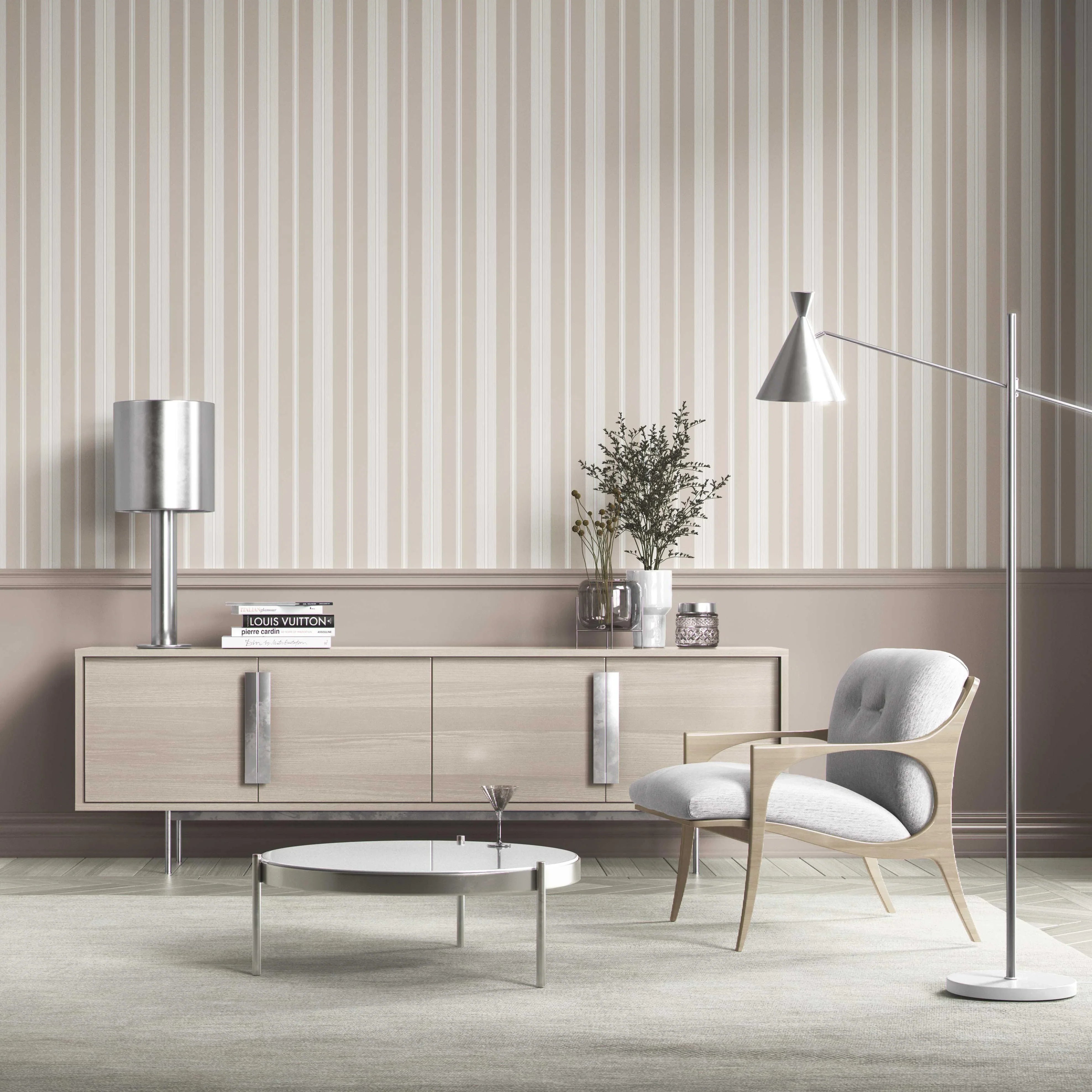 Neutral Geometric Striped Kitchen Wallpaper (Soft Taupe/ Beige/ Grey)