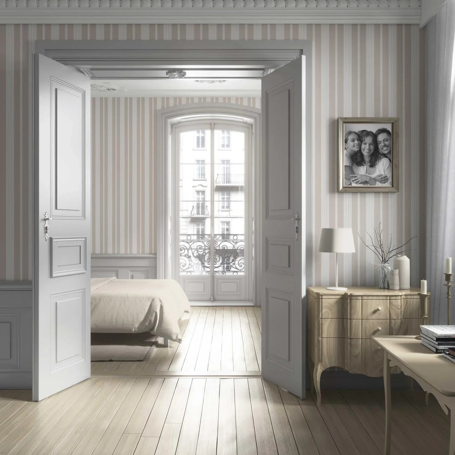 Neutral Geometric Striped Bathroom Wallpaper Sample (Soft Taupe/ Beige/ Grey)
