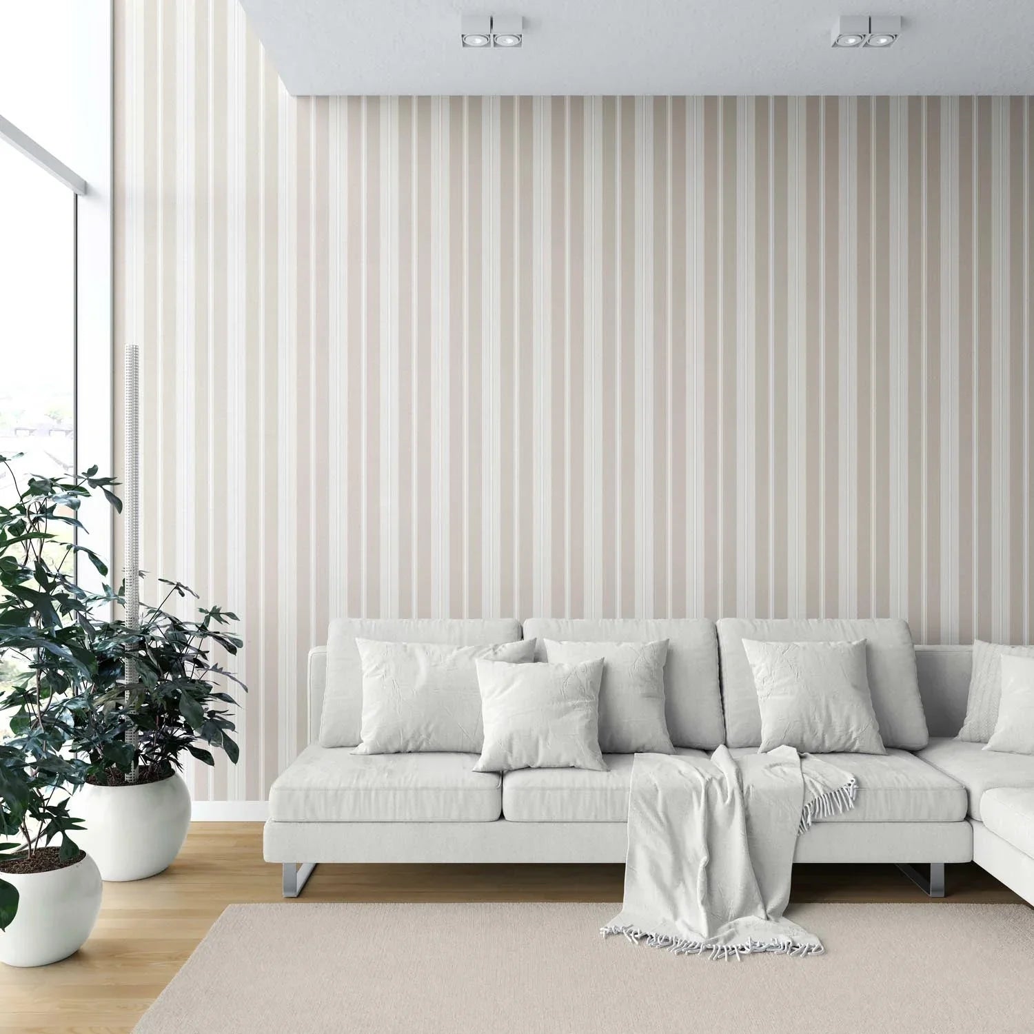 Neutral Geometric Striped Shower Toilet Wallpaper Sample (Soft Taupe/ Beige/ Grey)