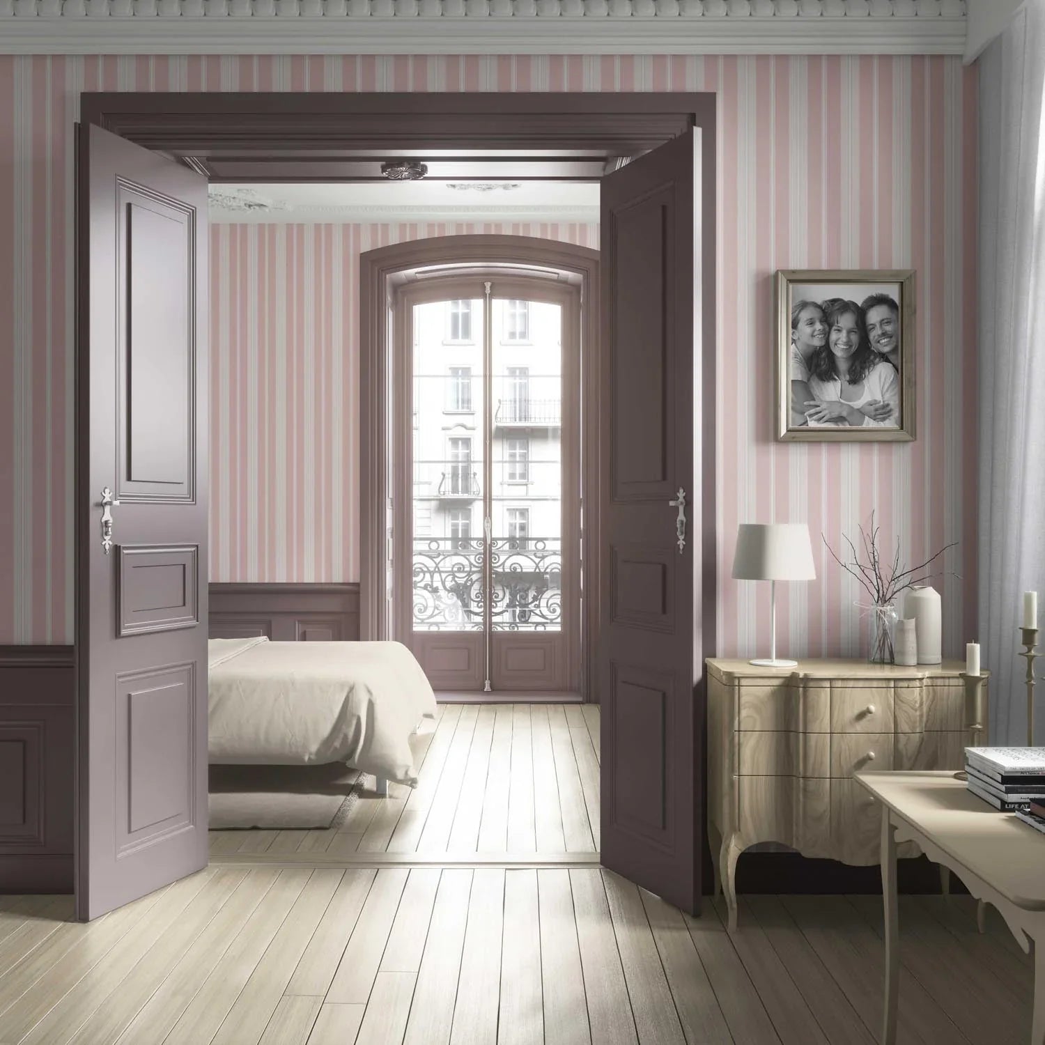 Geometric Striped Bathroom Wallpaper Sample (Blush Pink)