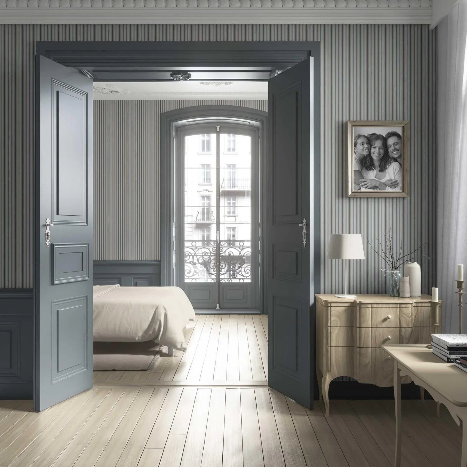 Neutral Geometric Striped Living Room Wallpaper Sample (Slate Grey)