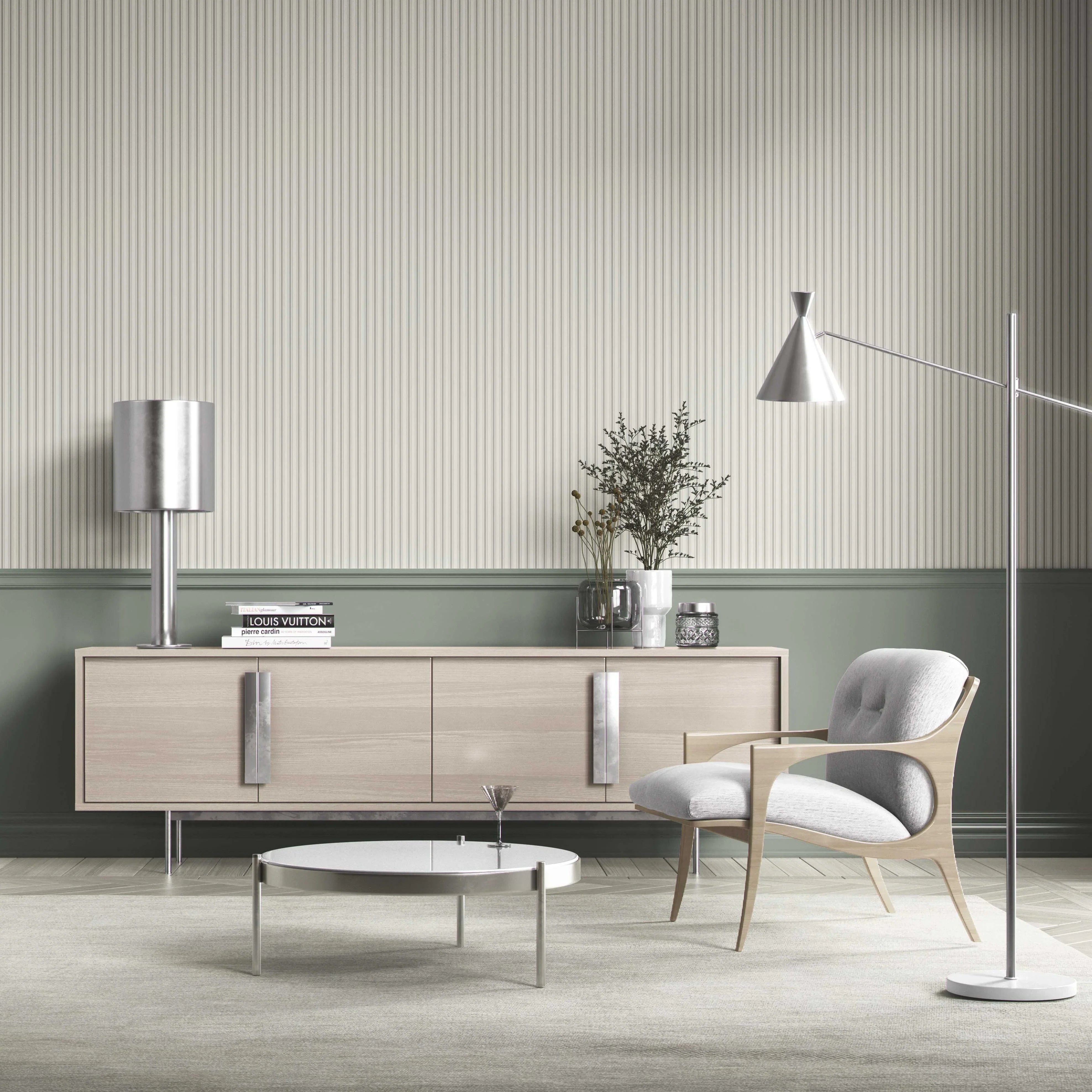 Neutral Geometric Striped Bathroom Wallpaper Sample (Sage Grey)