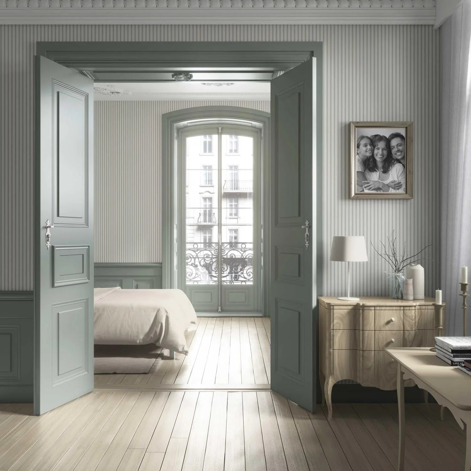 Neutral Geometric Striped Living Room Wallpaper (Sage Grey)
