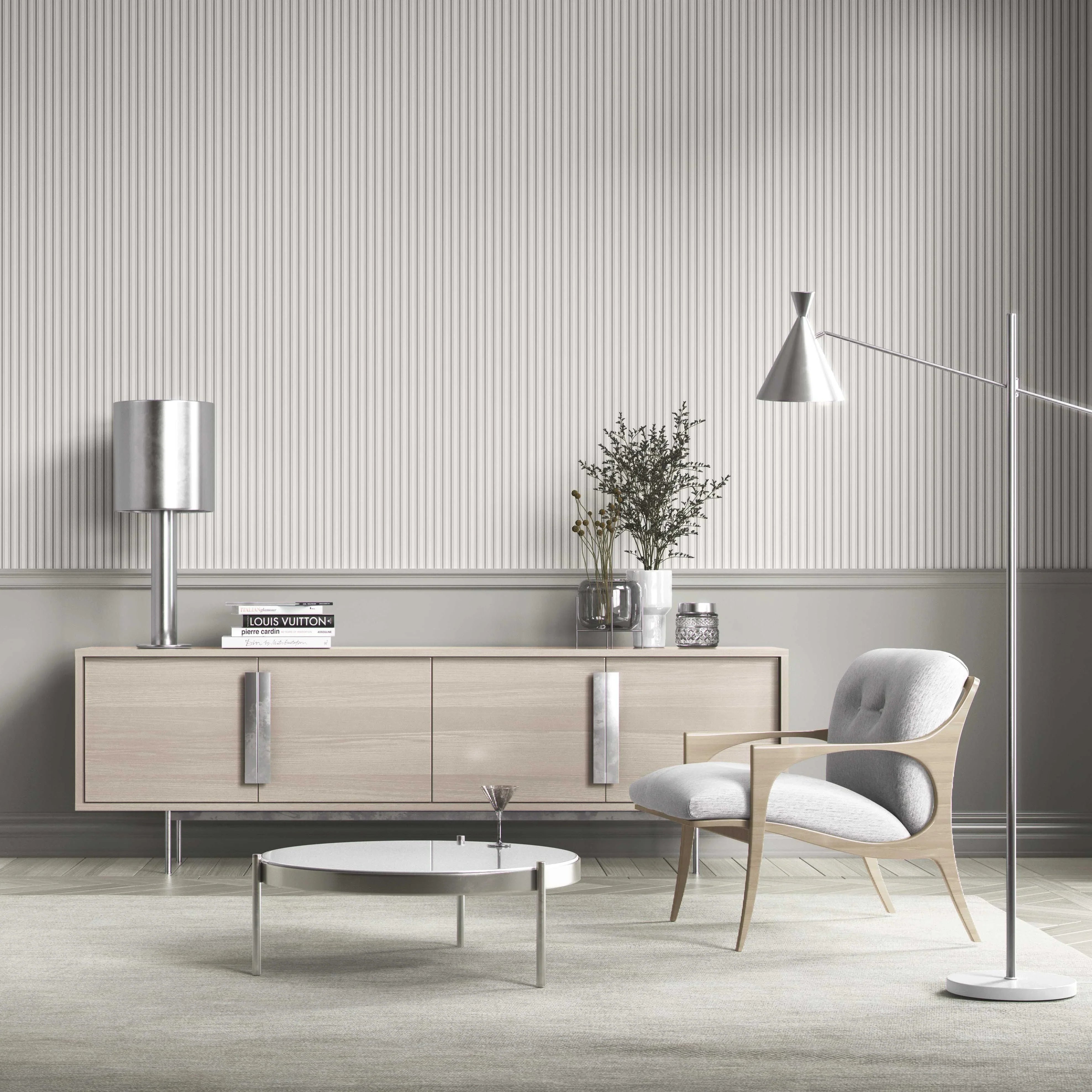 Neutral Geometric Striped Bathroom Wallpaper Sample (Light Grey)