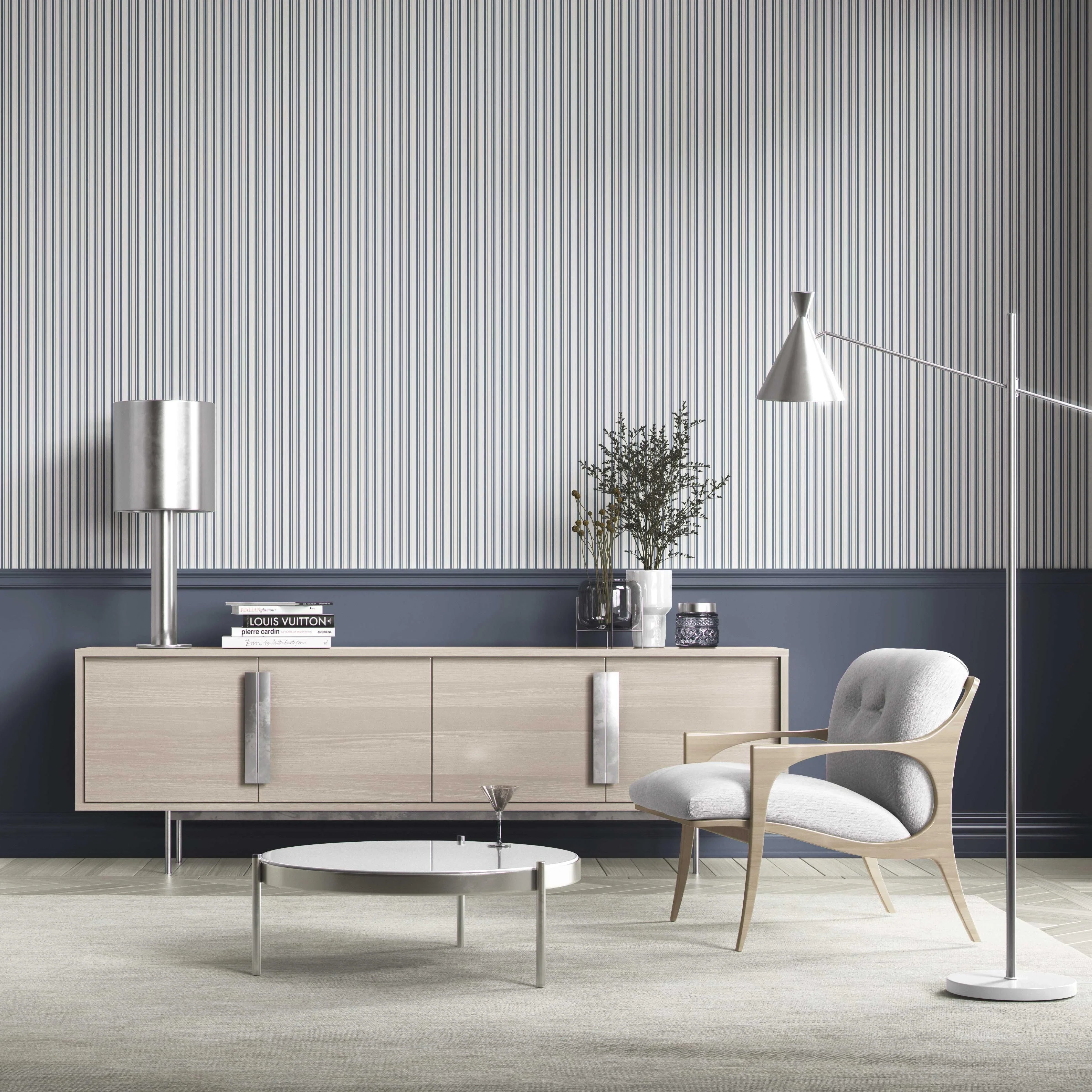 Geometric Striped Bathroom Wallpaper Sample (Navy Blue)