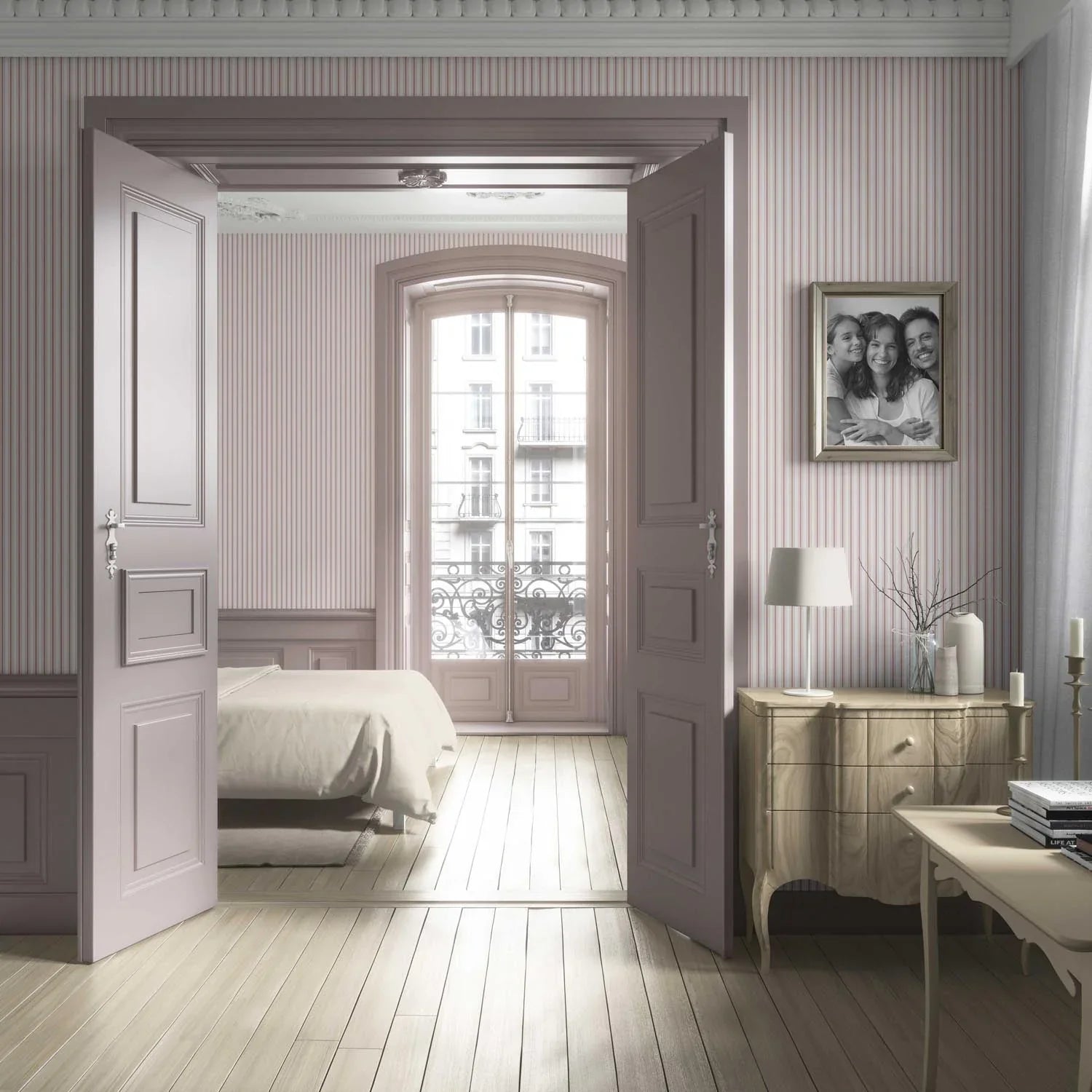 Geometric Striped Living Room Wallpaper Sample (Pastel Pink)