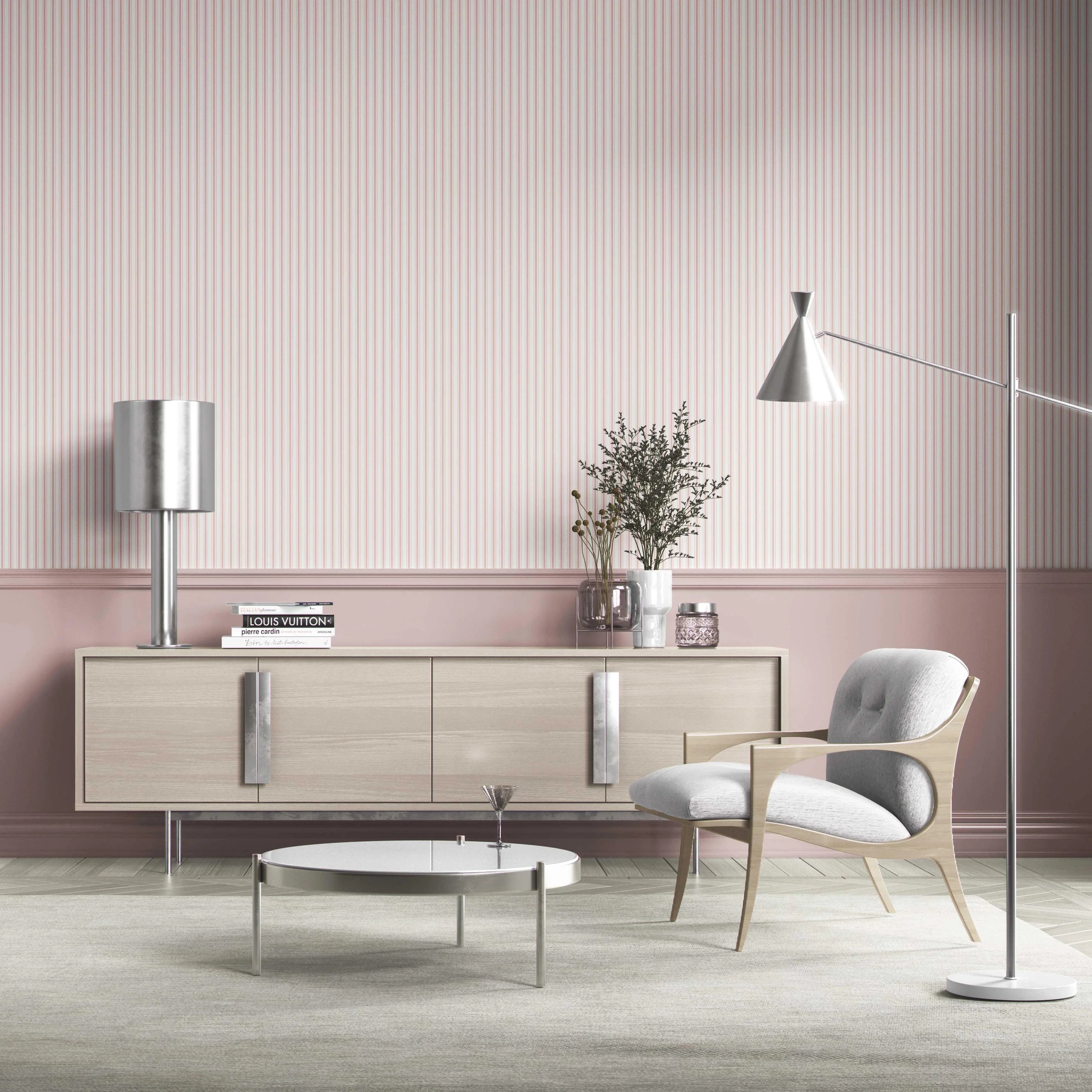 Geometric Striped Bathroom Wallpaper Sample (Blush Pink)
