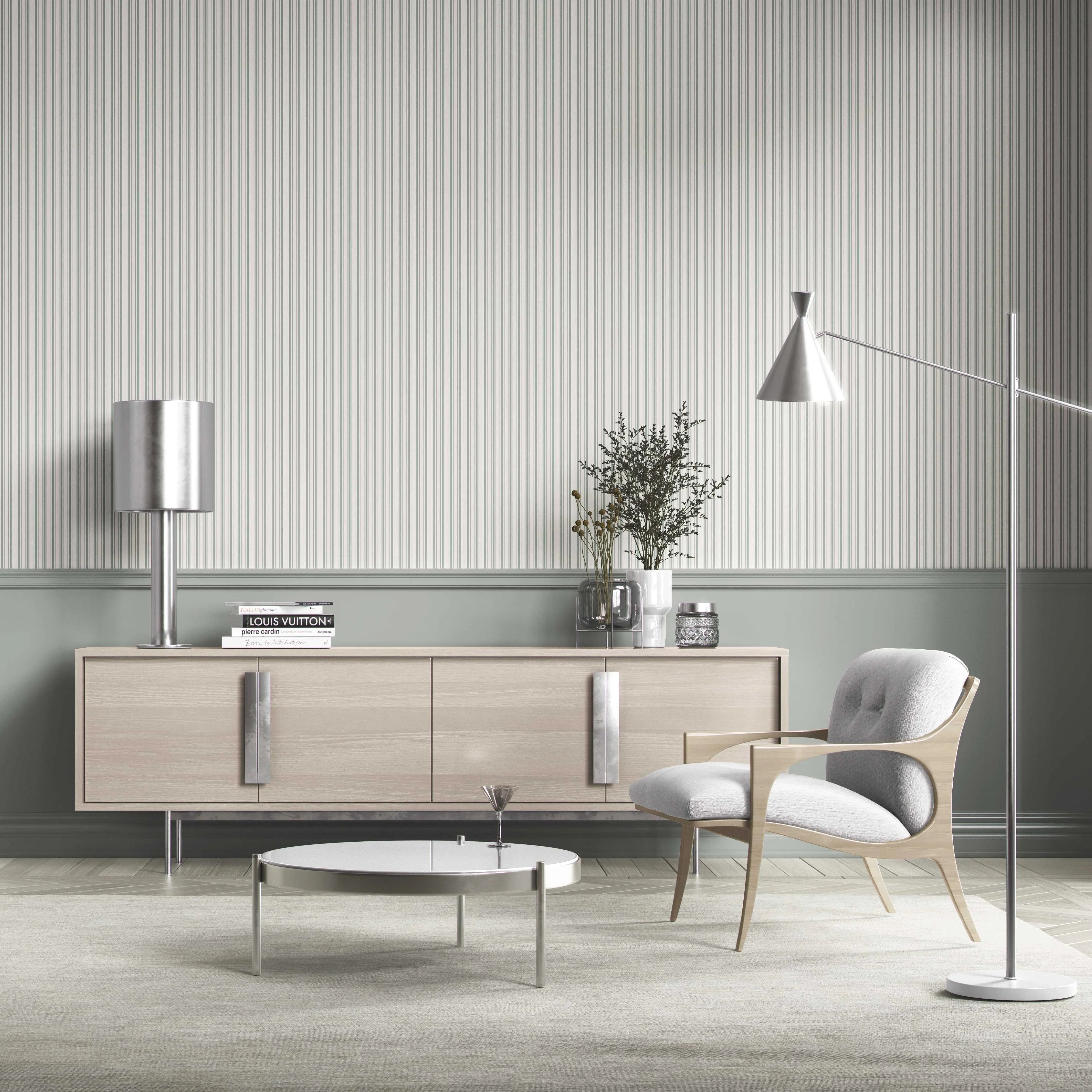 Neutral Geometric Striped Bathroom Wallpaper Sample (Green-Grey)