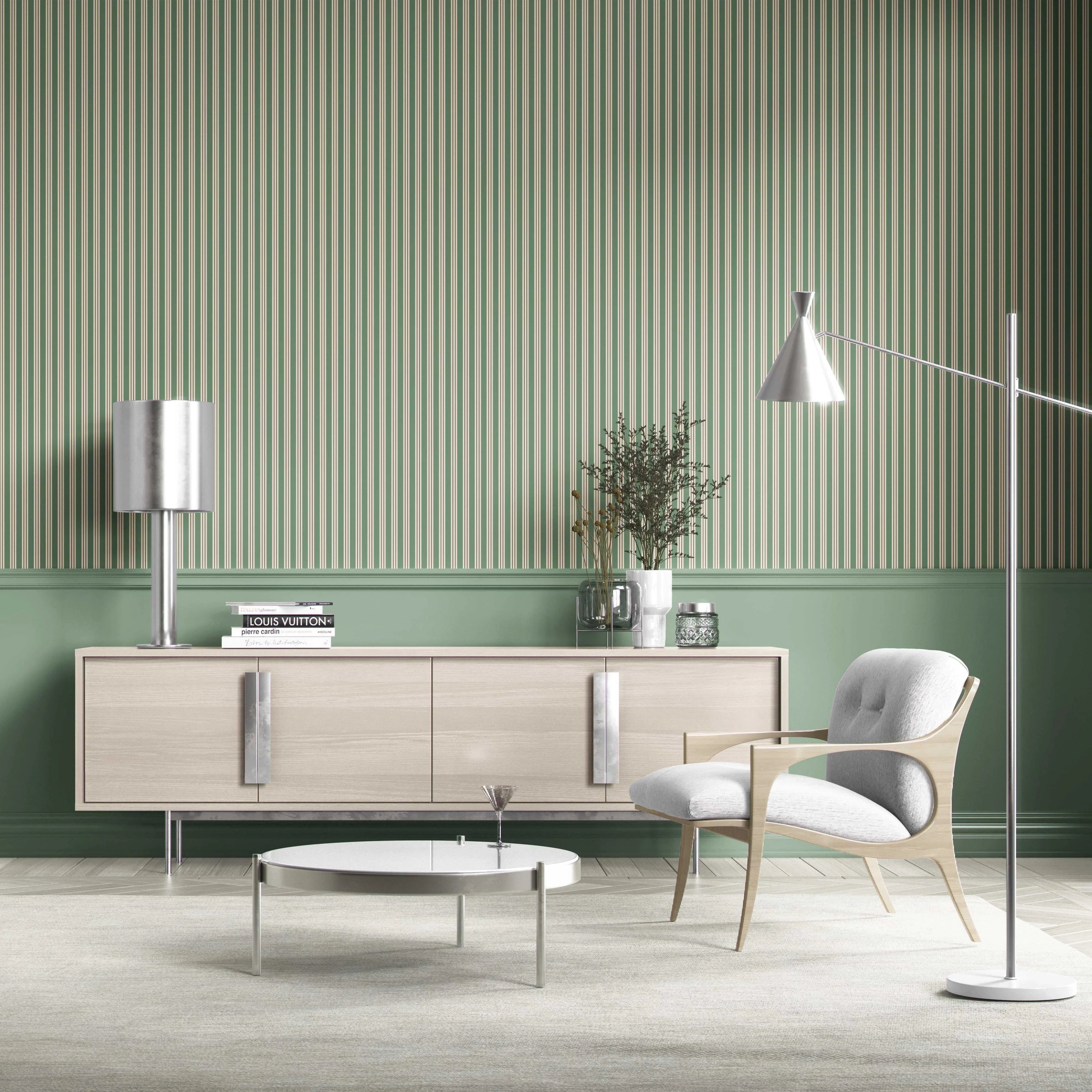 Geometric Striped Bathroom Wallpaper Sample (Leaf Green)