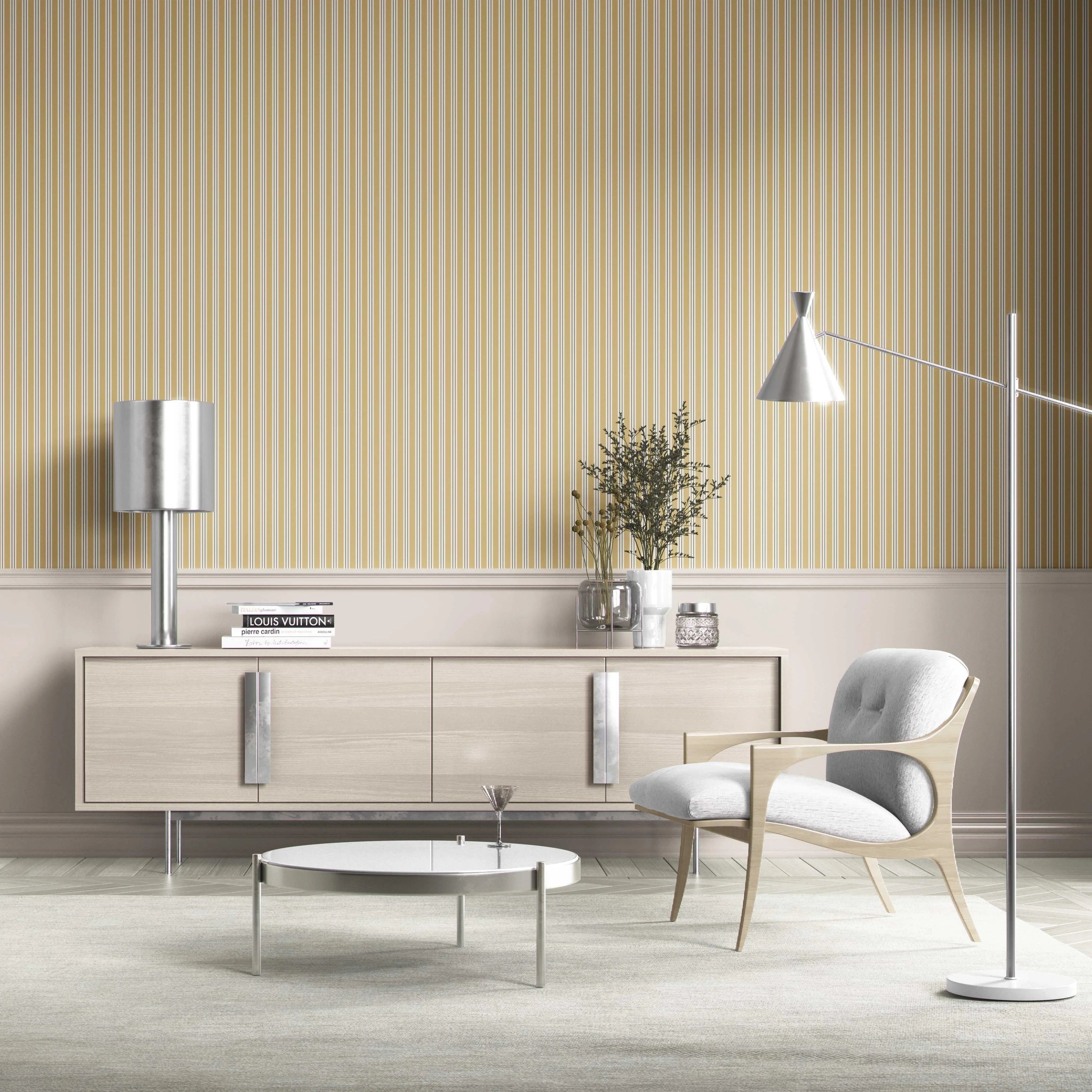 Geometric Striped Bathroom Wallpaper Sample (Ochre Yellow)