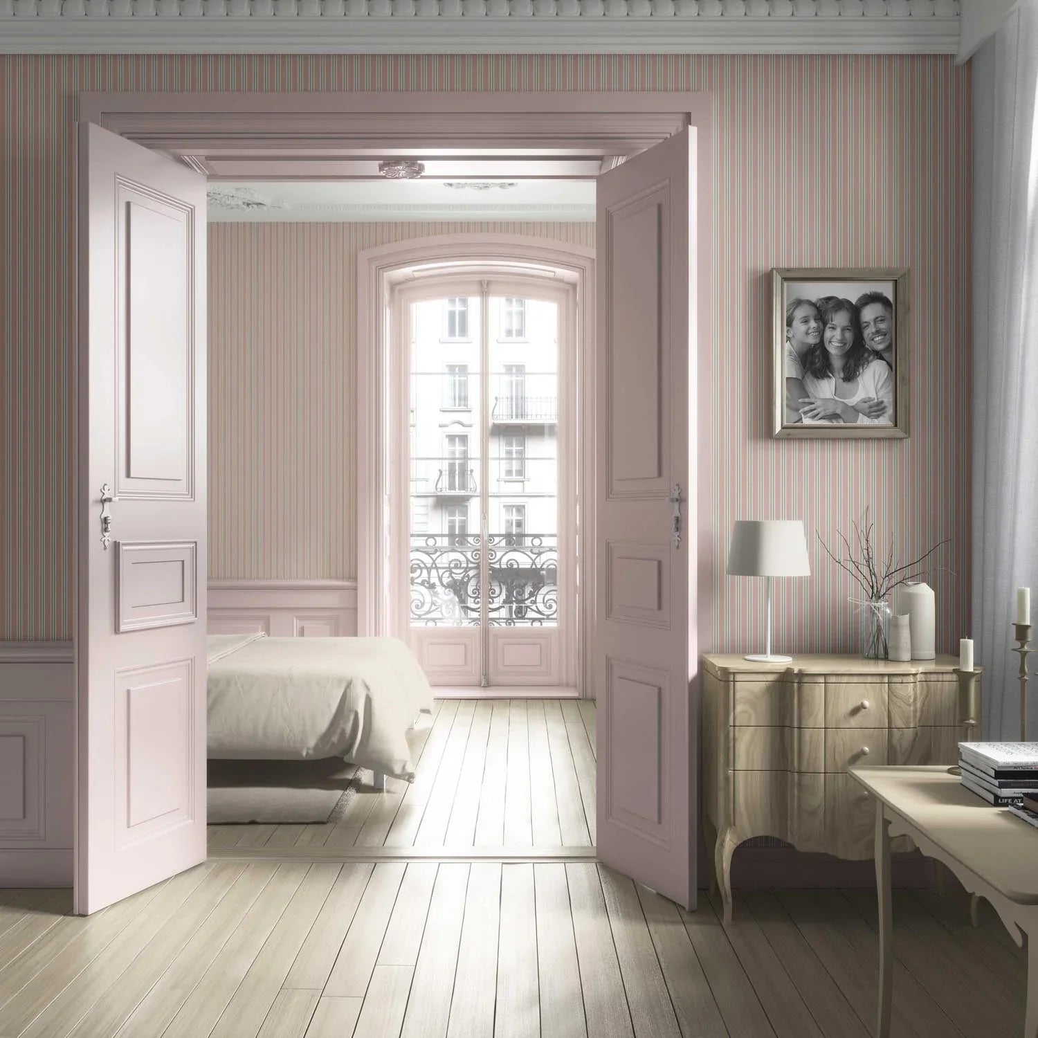 Geometric Striped Living Room Wallpaper Sample (Soft Pastel Pink)