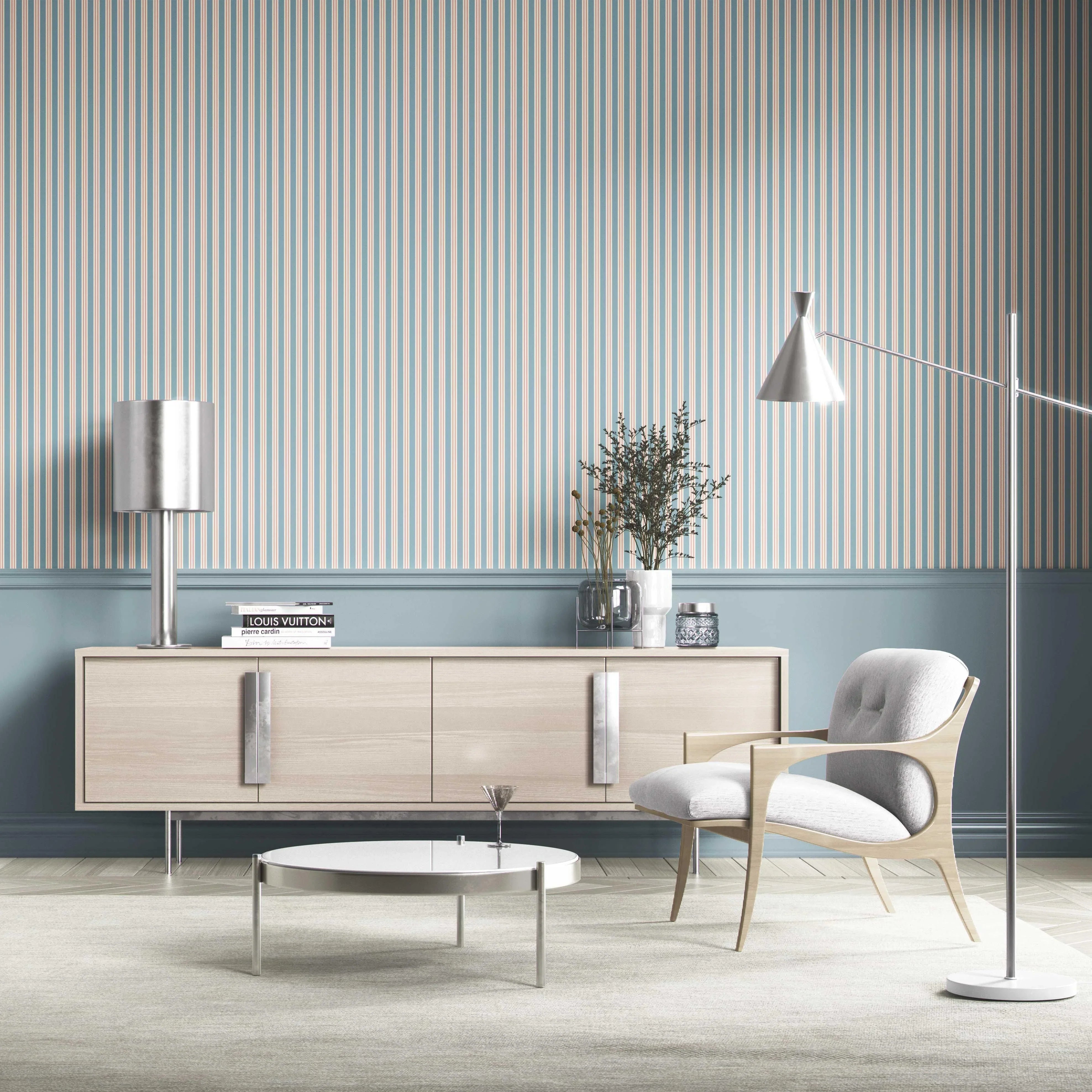 Geometric Striped Bathroom Wallpaper Sample (Blue)