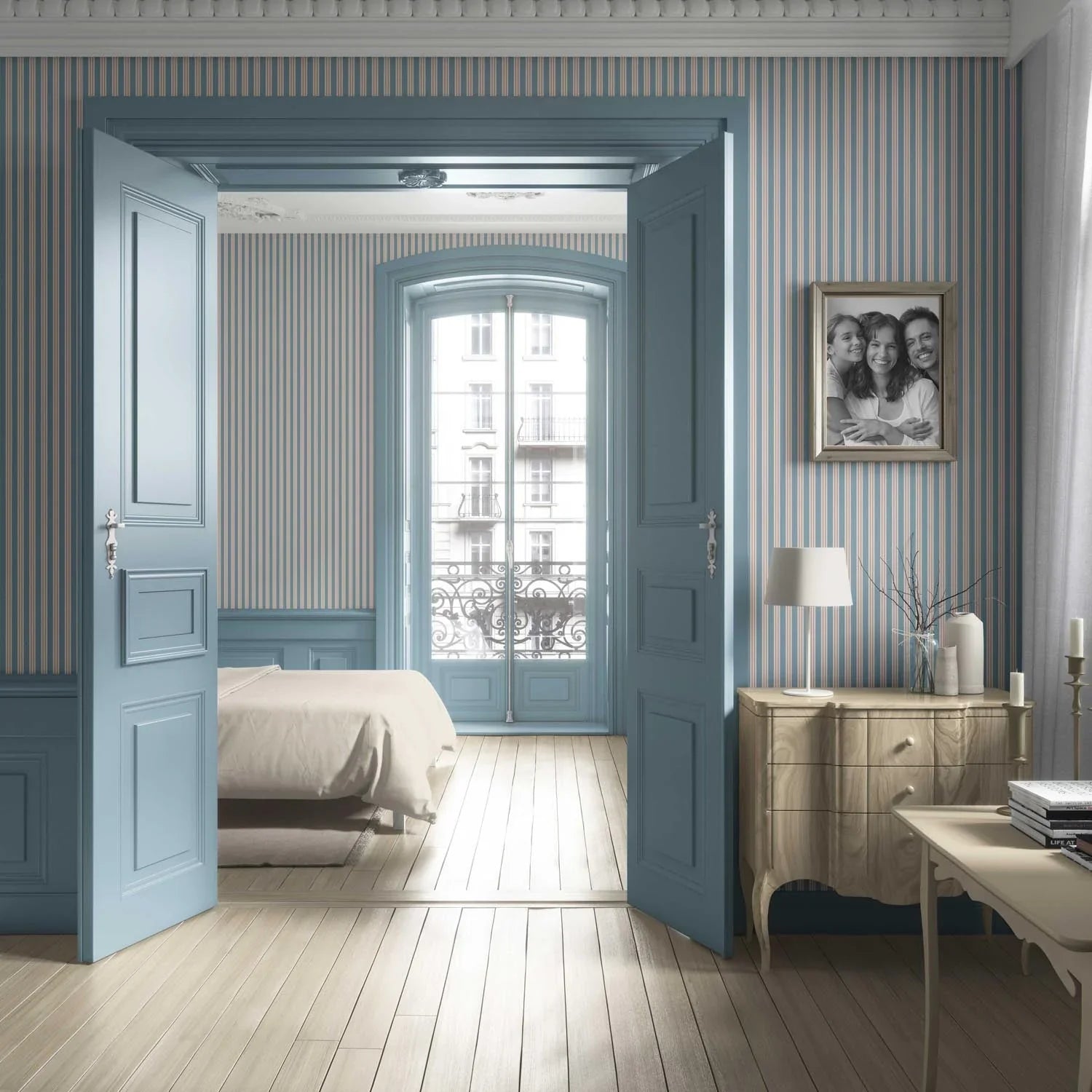 Geometric Striped Living Room Wallpaper Sample (Blue)