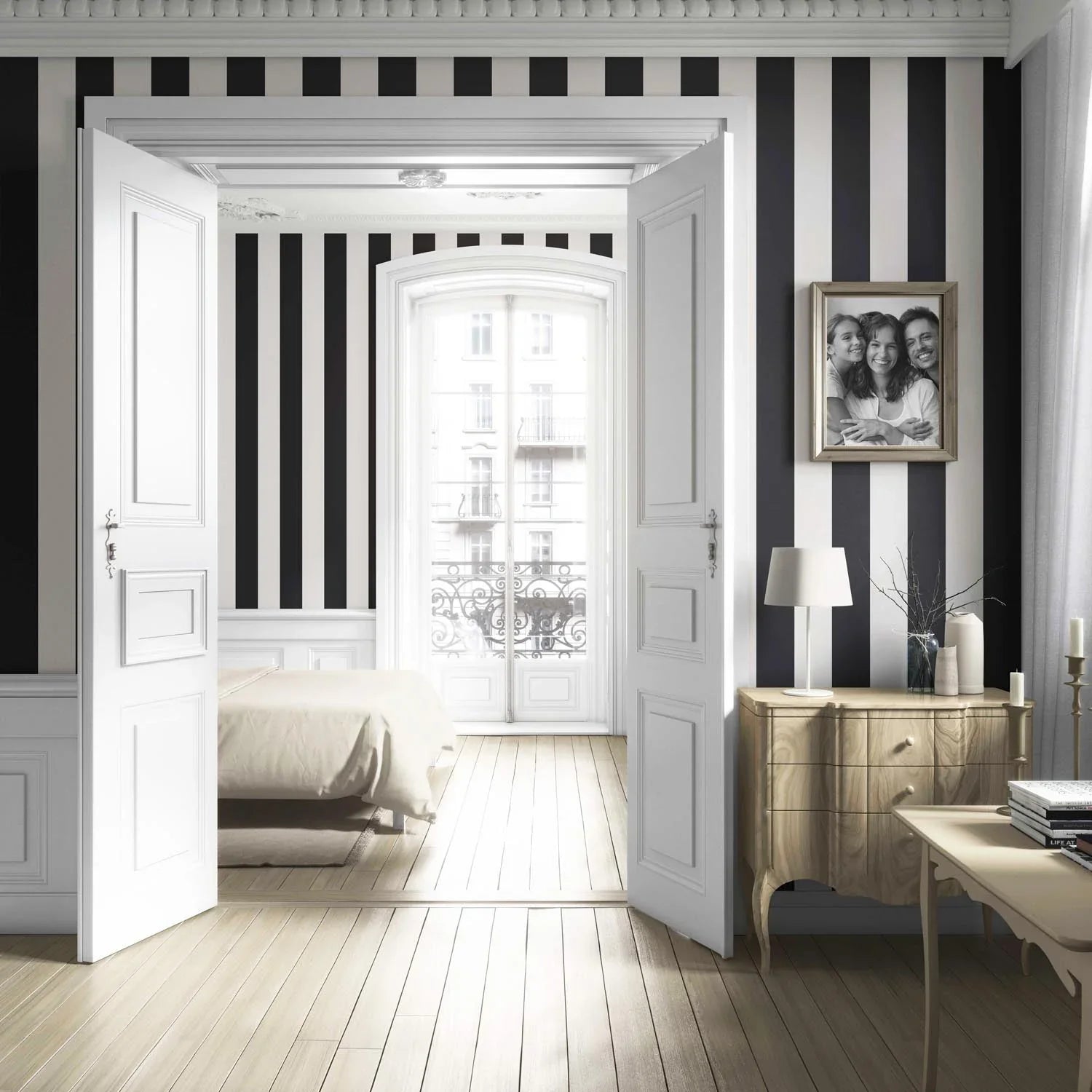 Neutral Geometric Striped Living Room Wallpaper Sample (Black/ White)