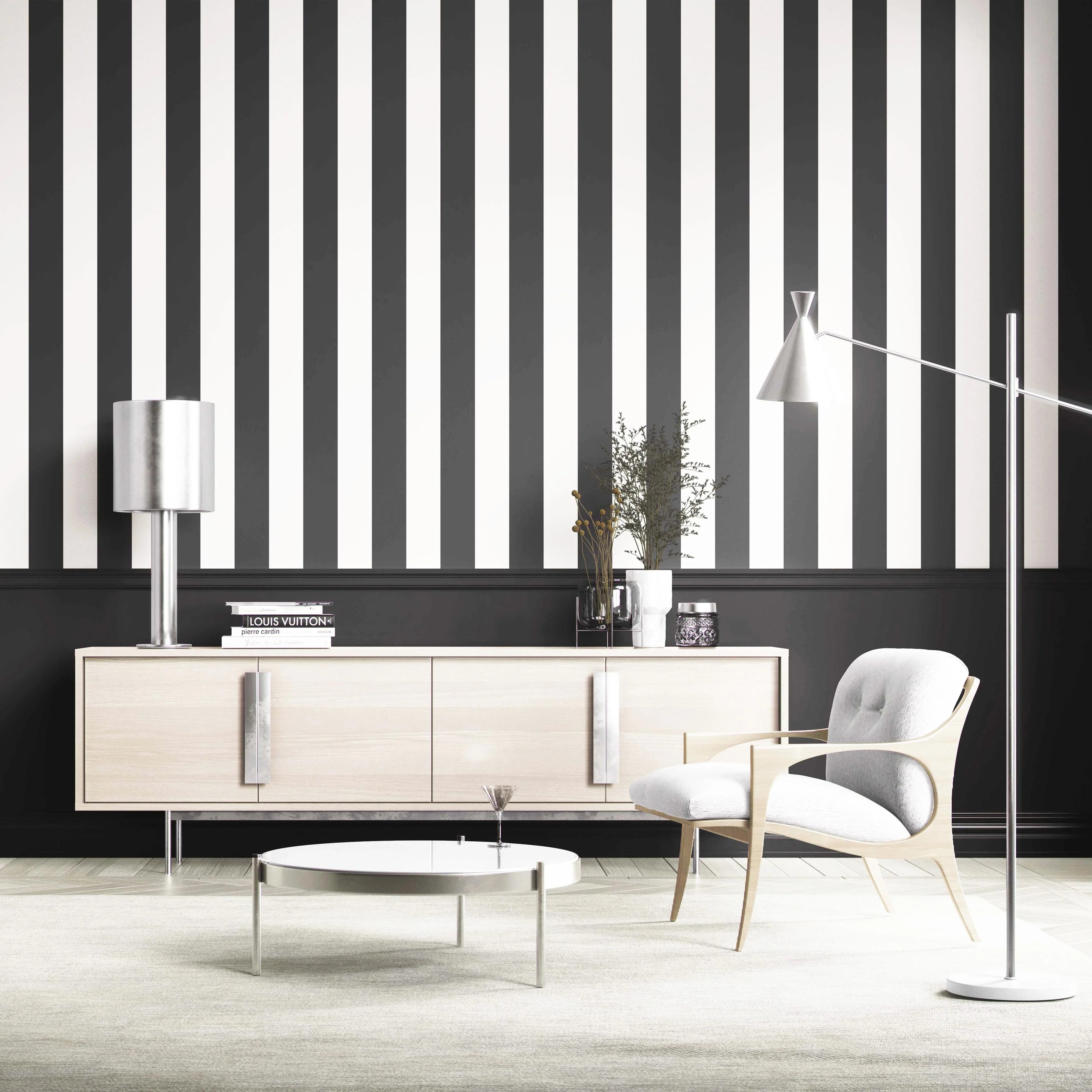 Neutral Geometric Striped Shower Toilet Wallpaper (Black/ White)