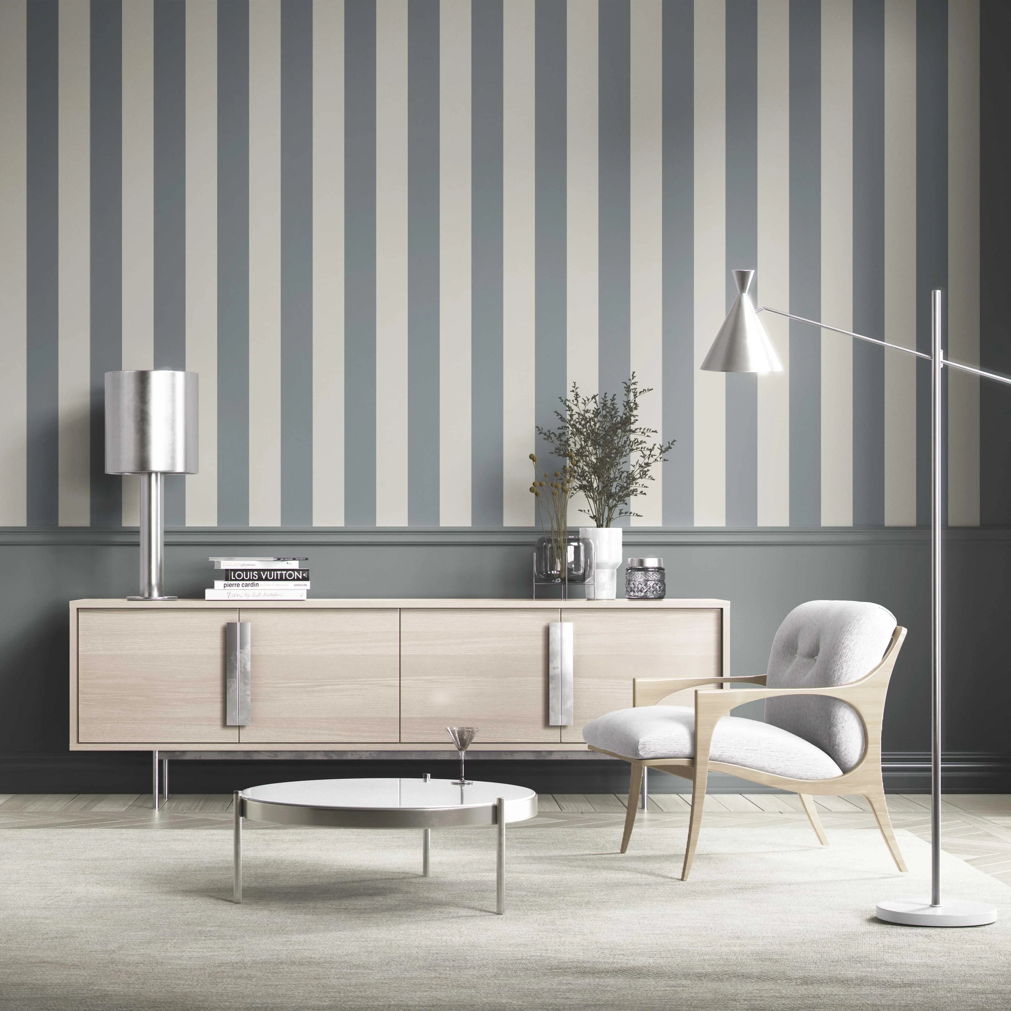 Neutral Geometric Striped Kitchen Wallpaper (Slate Blue/ Grey)