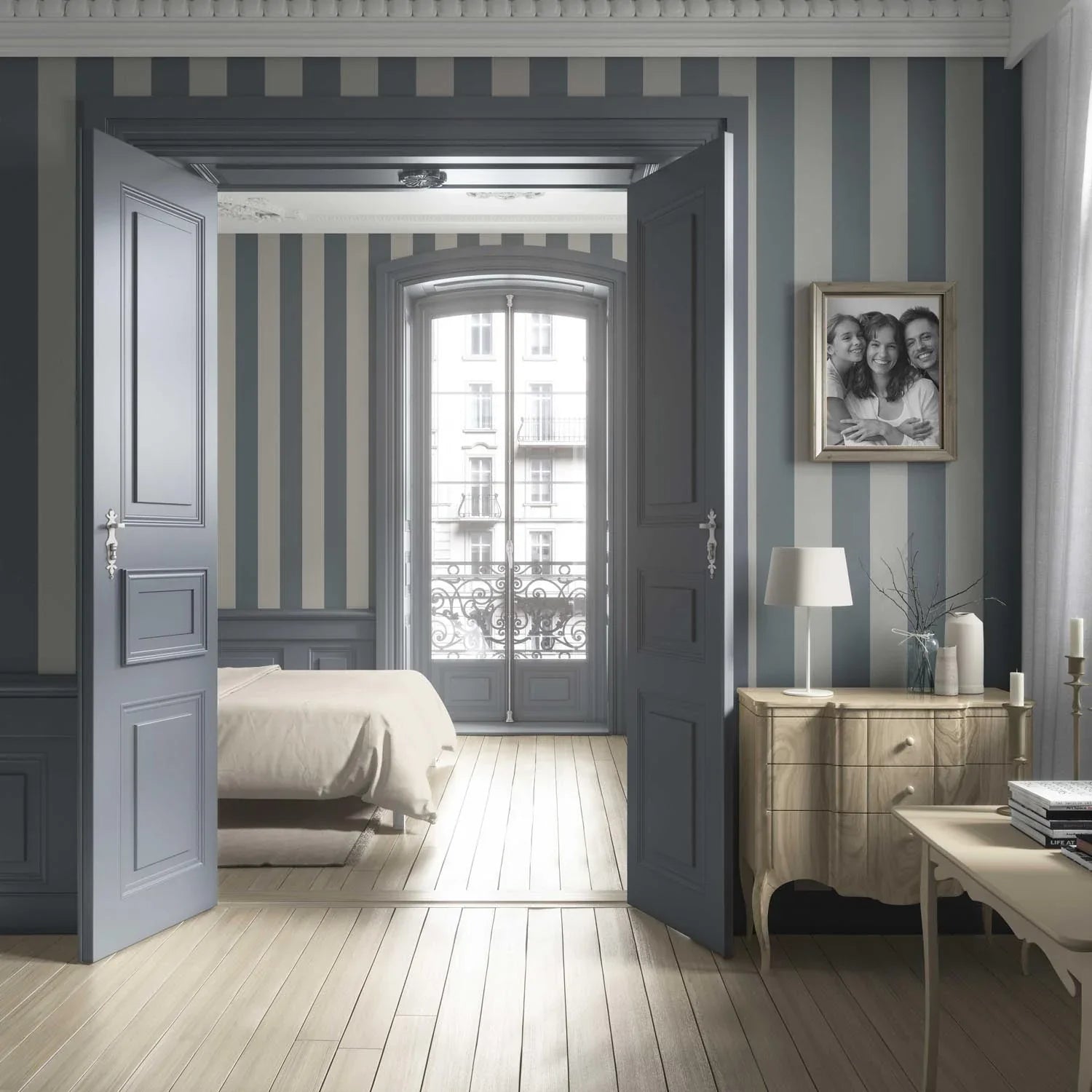 Neutral Geometric Striped Living Room Wallpaper Sample (Slate Blue/ Grey)