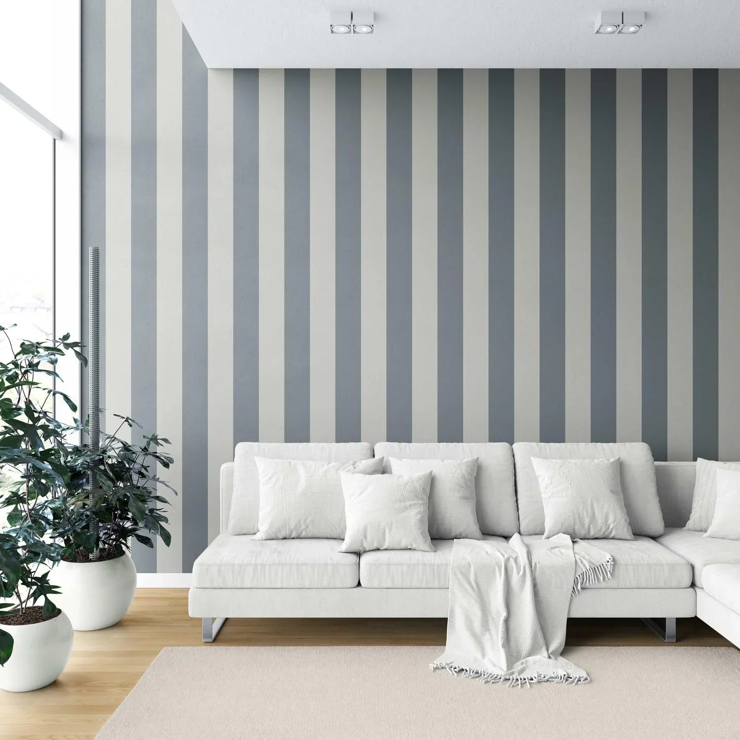Neutral Geometric Striped Shower Toilet Wallpaper Sample (Slate Blue/ Grey)