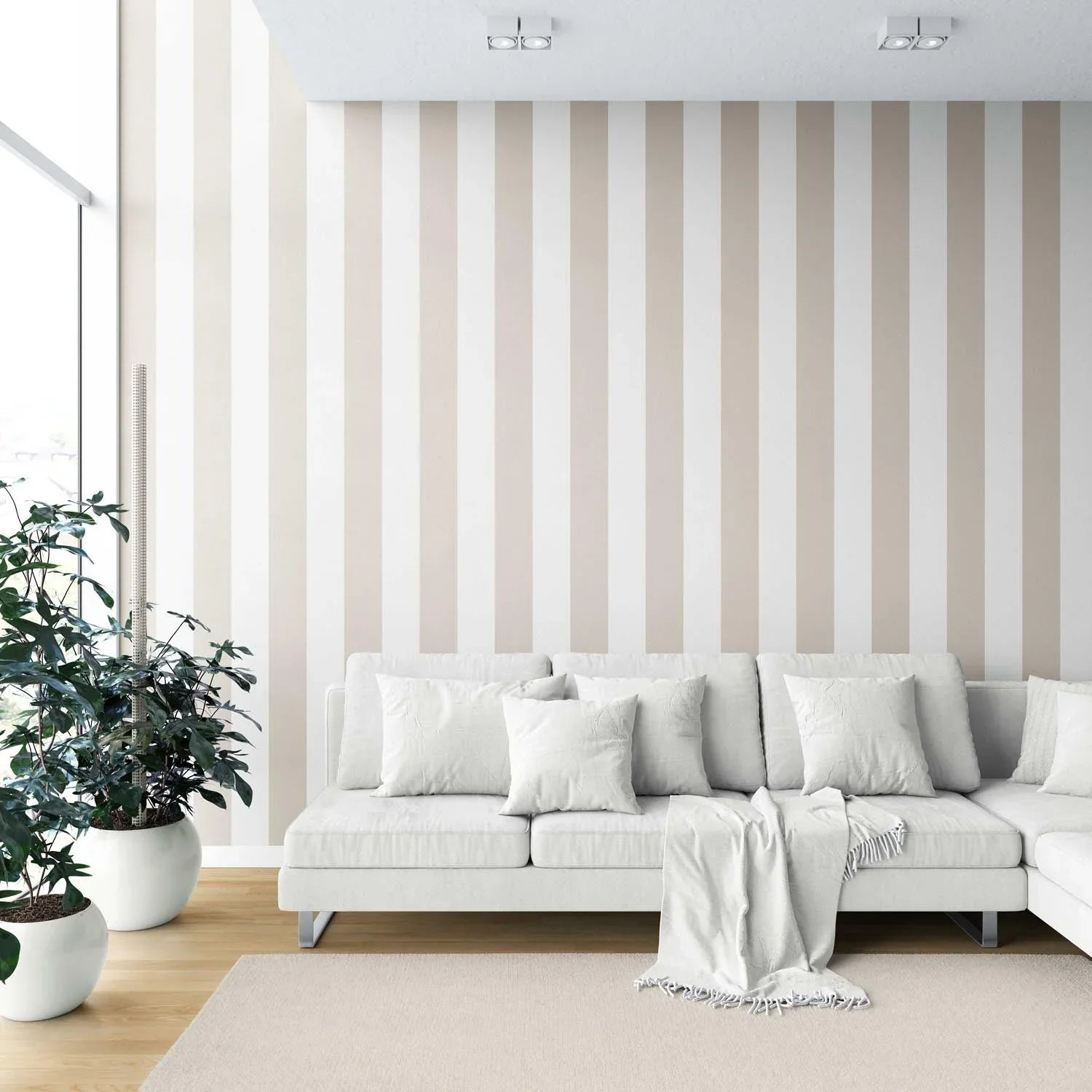 Neutral Geometric Striped Kitchen Wallpaper Sample (Beige/ Greige/ White)